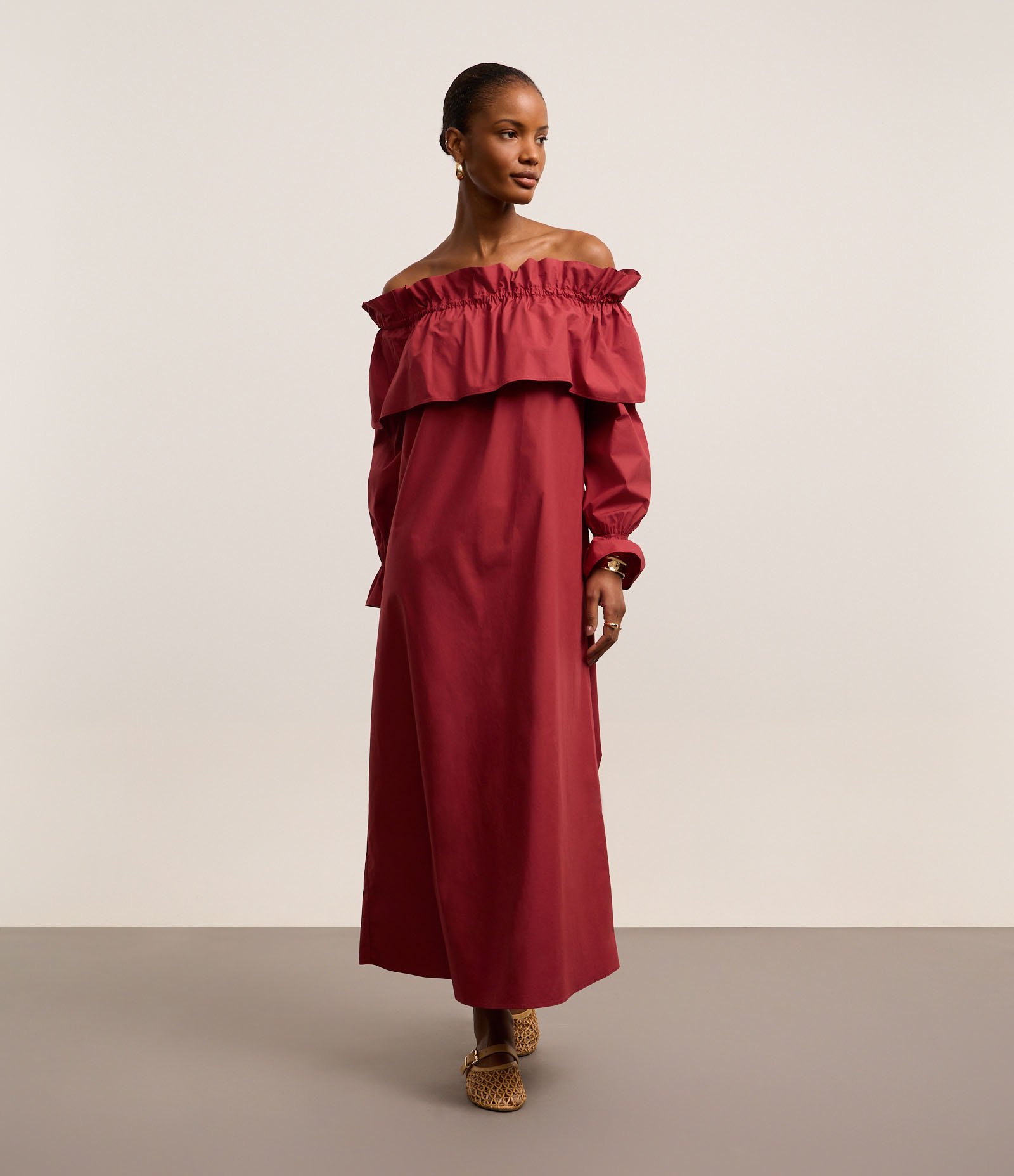 Vestido Evasê Midi em Tricoline com Decote Ombro a Ombro Virado Rosa 1