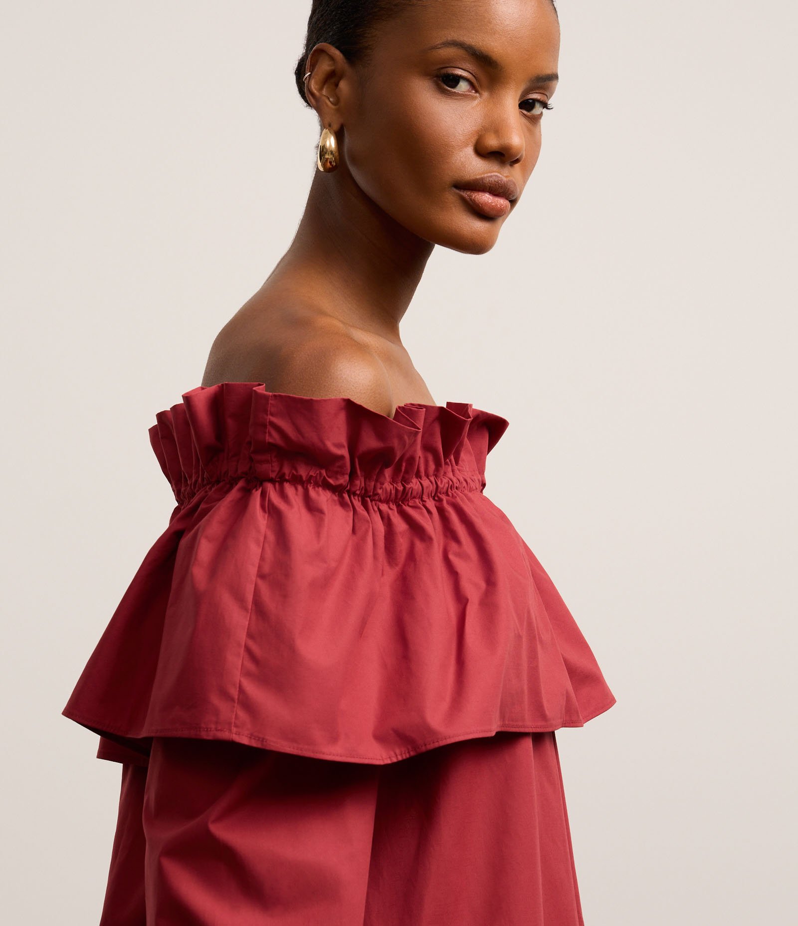 Vestido Evasê Midi em Tricoline com Decote Ombro a Ombro Virado Rosa 4