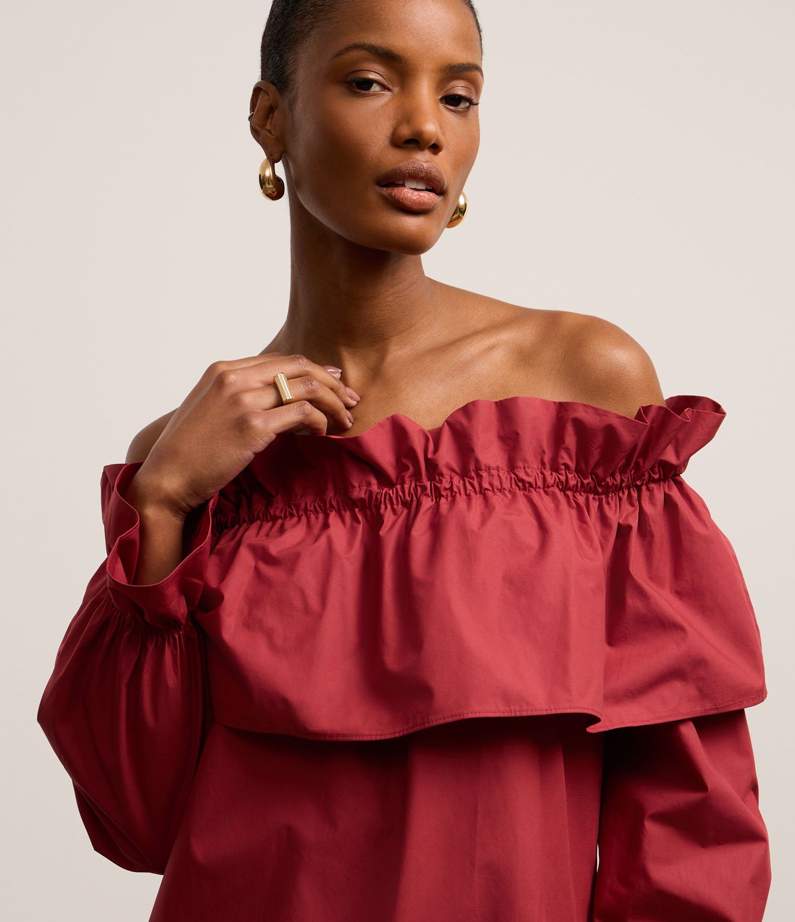 Vestido Evasê Midi em Tricoline com Decote Ombro a Ombro Virado Rosa 5