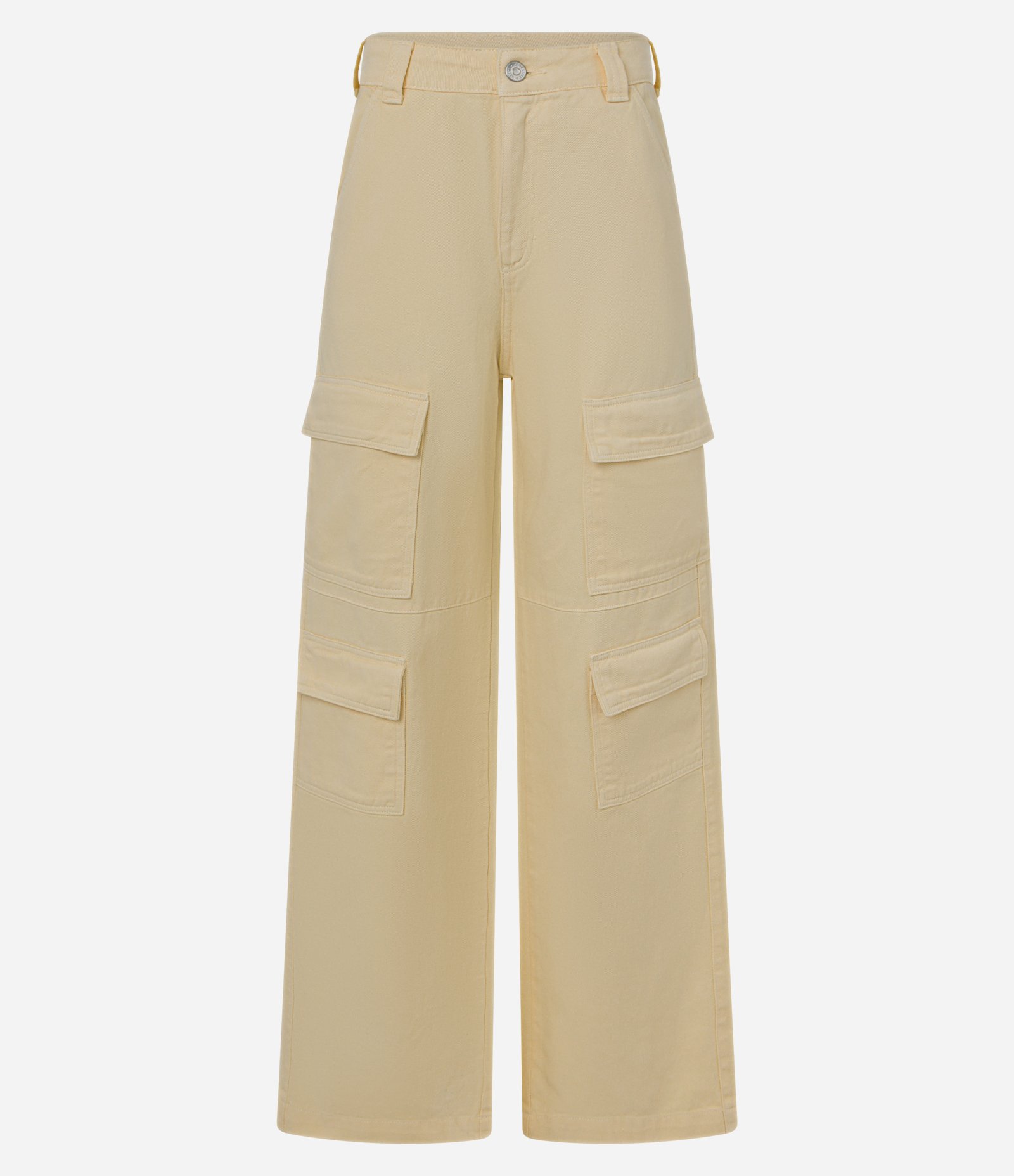 Calça Wide Leg em Sarja com Cintura Alta e Bolsos Cargo Amarelo 7