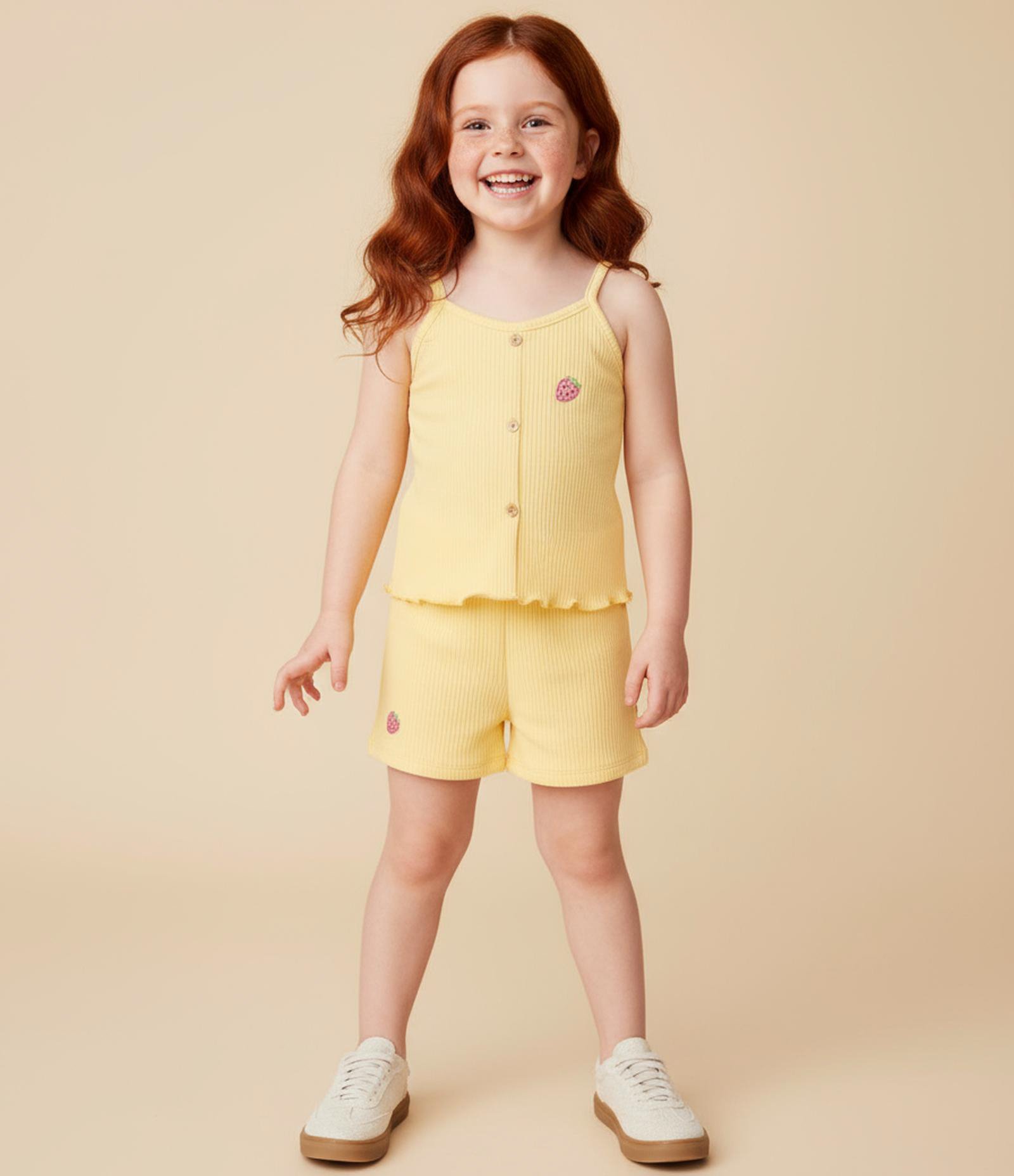 Conjunto Infantil em Ribana com Bordado de Morango - Tam 1 a 6 Anos Amarelo 1