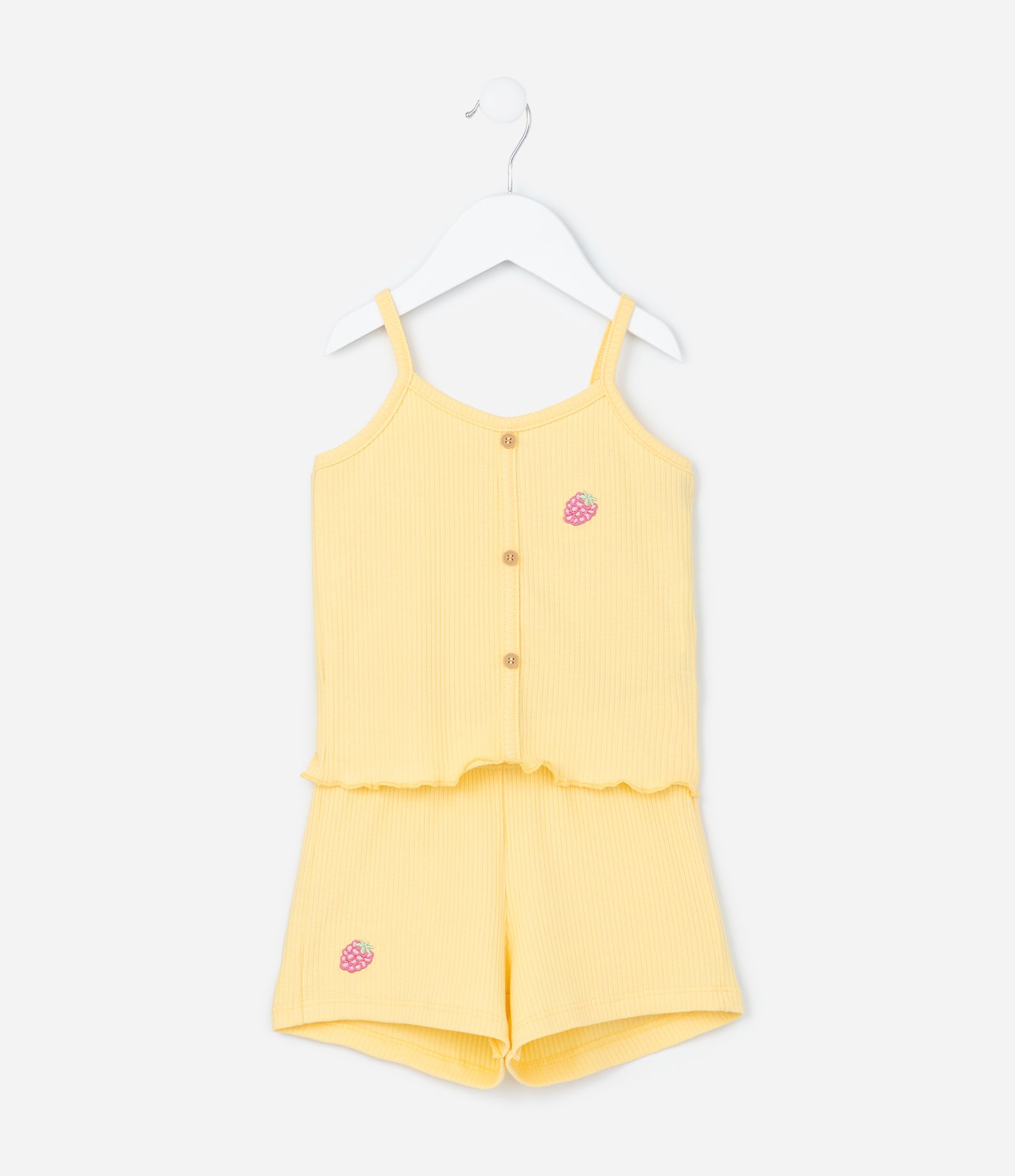 Conjunto Infantil em Ribana com Bordado de Morango - Tam 1 a 6 Anos Amarelo 2