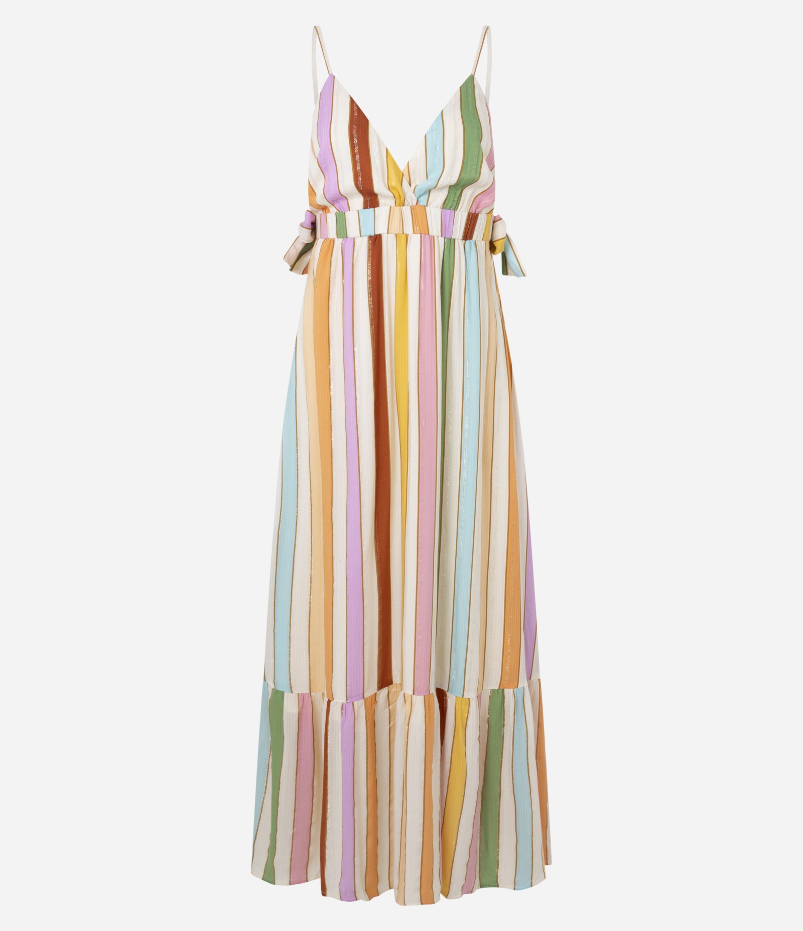 Vestido Evasê Long Midi em Chalis com Estampa de Listras Multicores 1