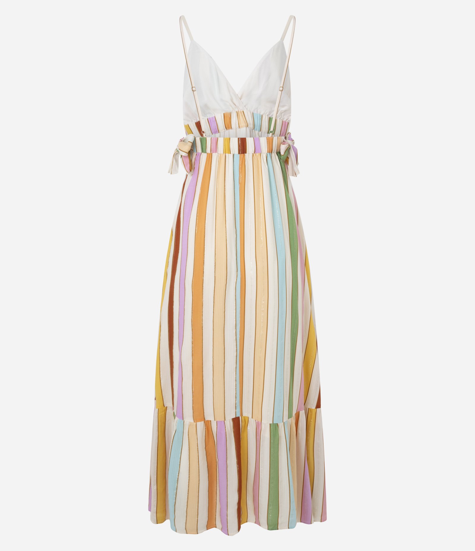 Vestido Evasê Long Midi em Chalis com Estampa de Listras Multicores 3