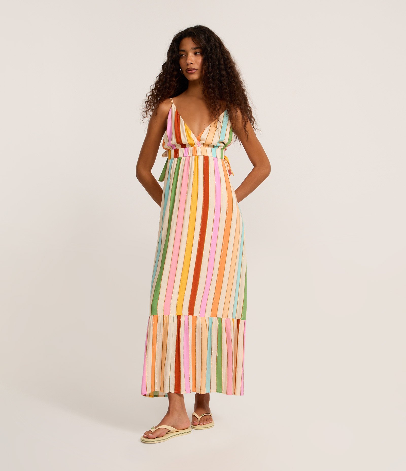 Vestido Evasê Long Midi em Chalis com Estampa de Listras Multicores 1