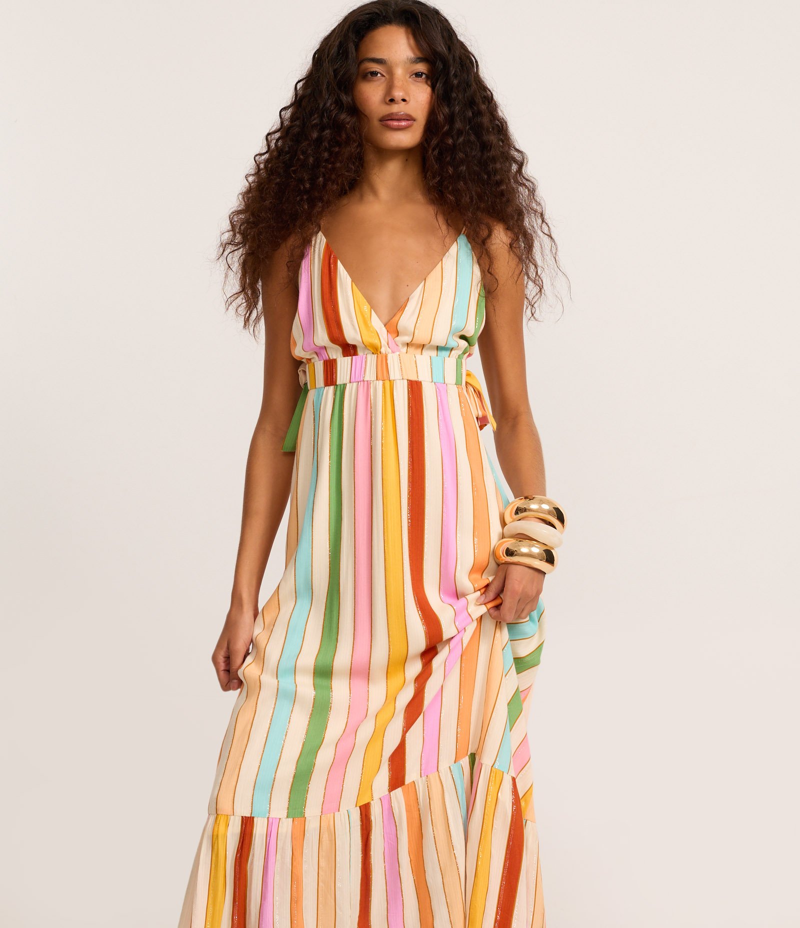 Vestido Evasê Long Midi em Chalis com Estampa de Listras Multicores 2