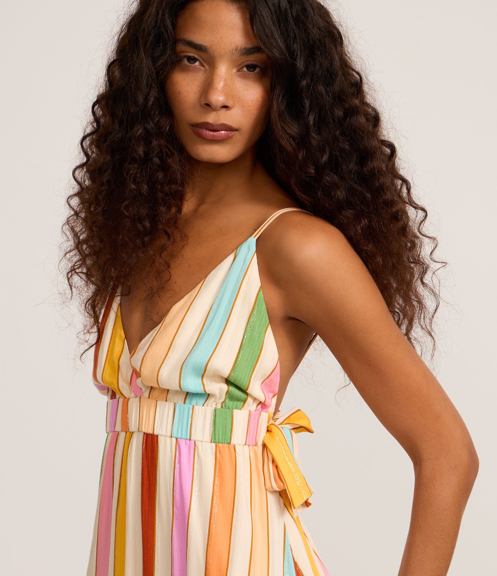 Vestido Evasê Long Midi em Chalis com Estampa de Listras Multicores 3