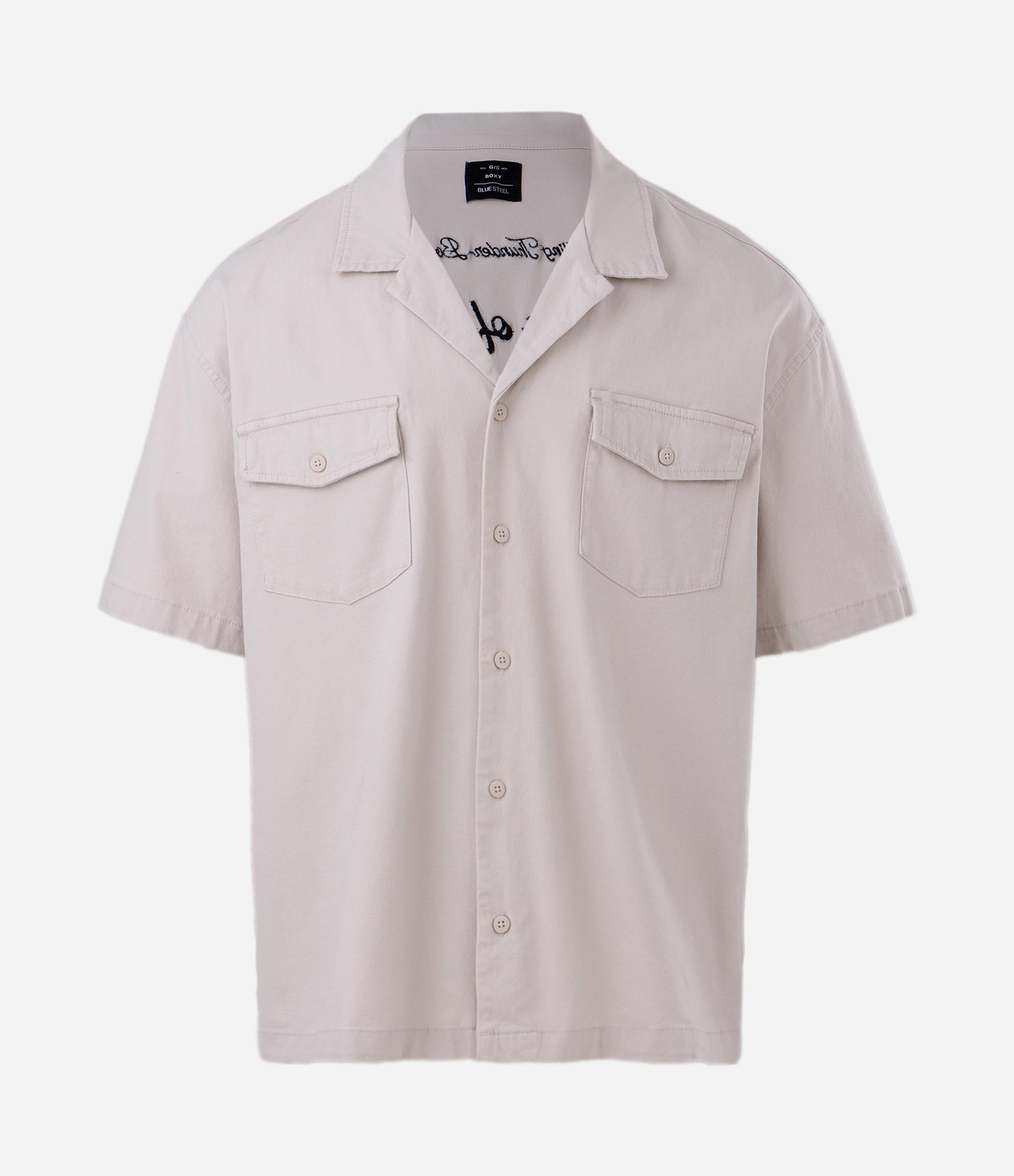 Camisa Boxy em Algodão Texturizado e Estampa Lettering Bordado Cinza Claro 1