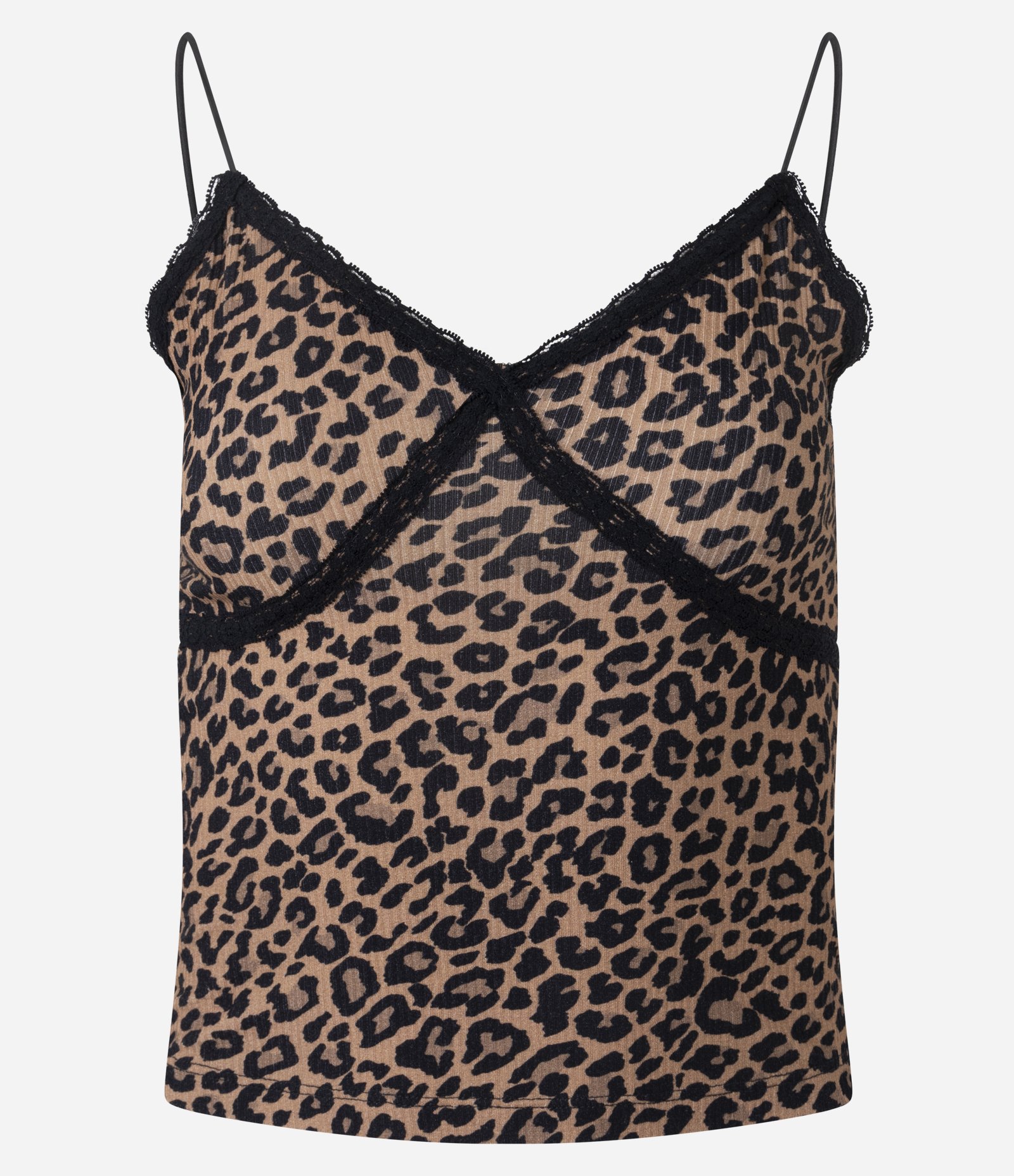 Blusa Alça Fina com Decote em V Rendado e Estampa Animal Print Onça Marrom/Preto 4