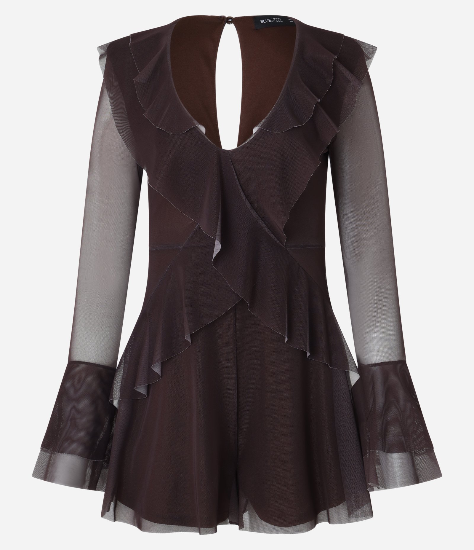 Macaquinho em Tule com Babados e Recorte Gota nas Costas Marrom 4