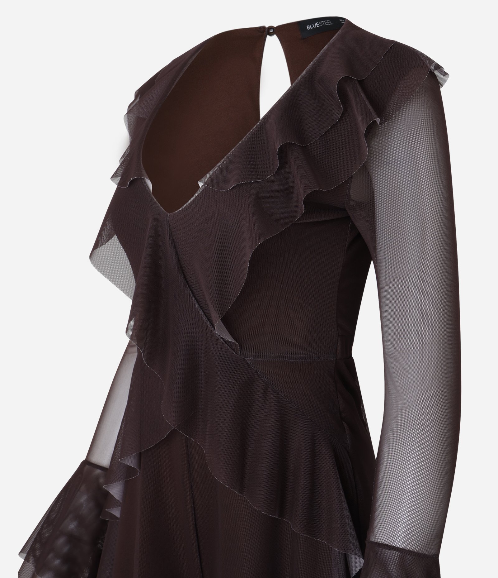 Macaquinho em Tule com Babados e Recorte Gota nas Costas Marrom 5