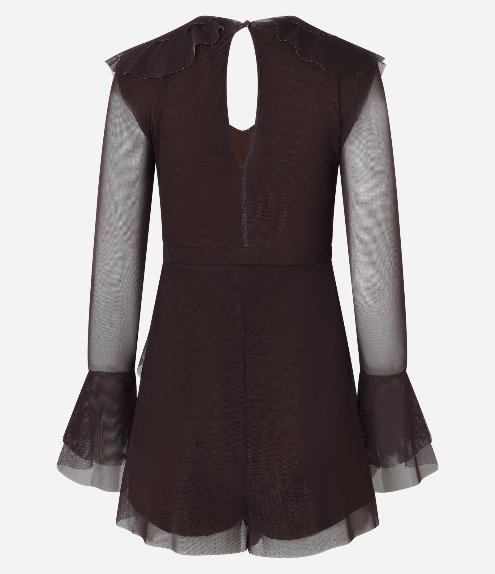 Macaquinho em Tule com Babados e Recorte Gota nas Costas Marrom 6