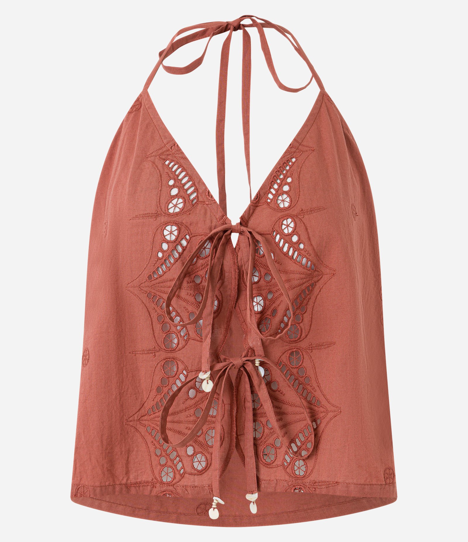 Saída de Praia Colete Frente Única em Laise com Laços Frontais Marrom 5