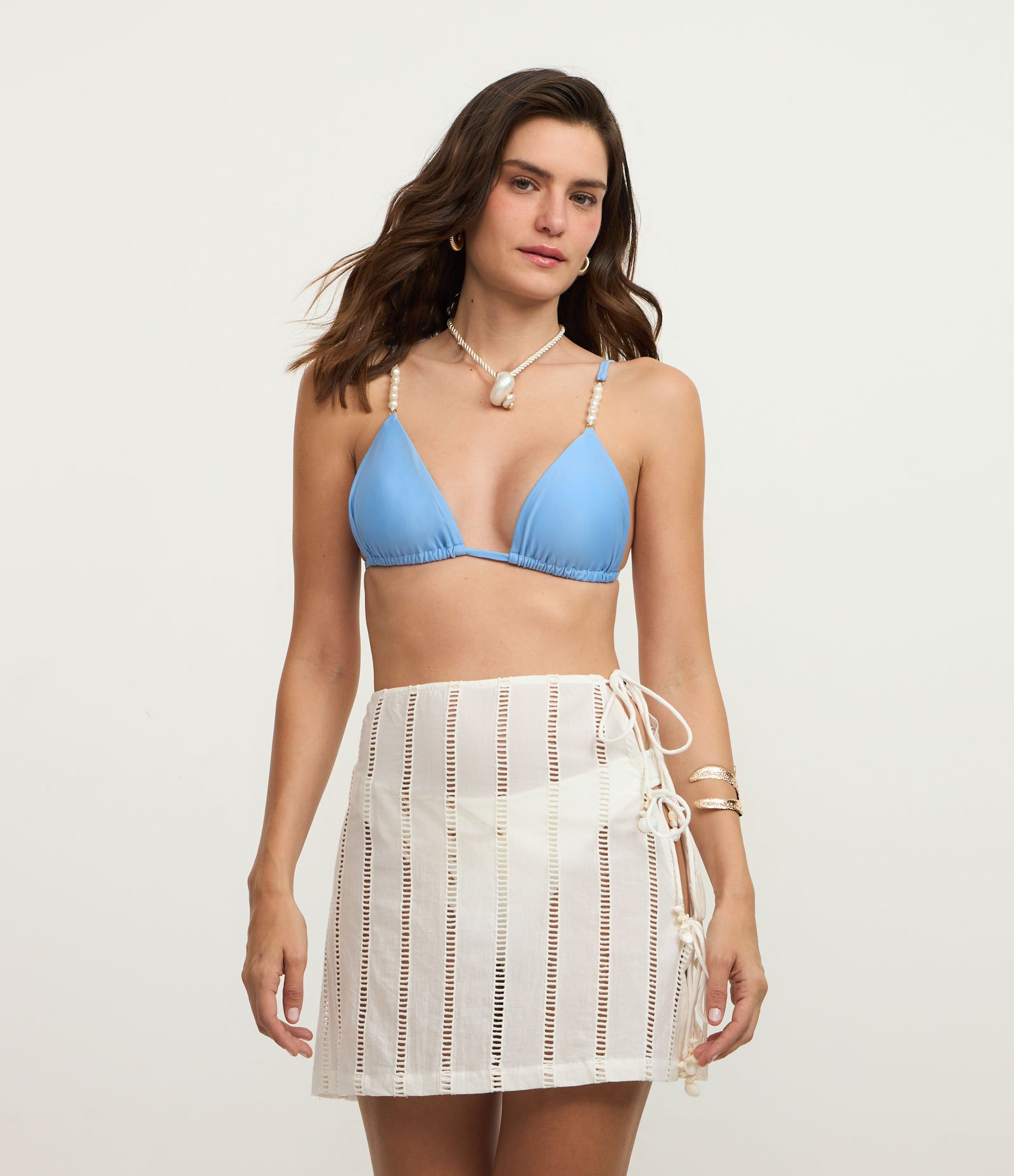 Saída de Praia Saia Curta com Detalhe Laise e Laços Laterais Branco 1