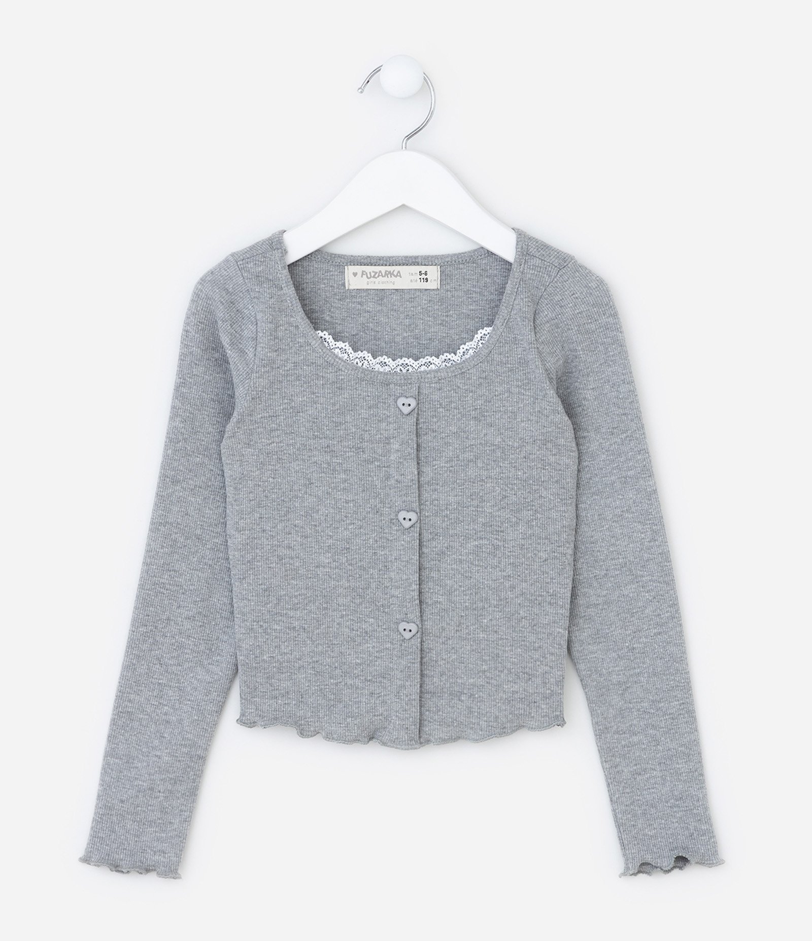 Blusa Infantil em Ribana com Sobreposição de Renda - Tam 5 a 14 Anos Cinza 1