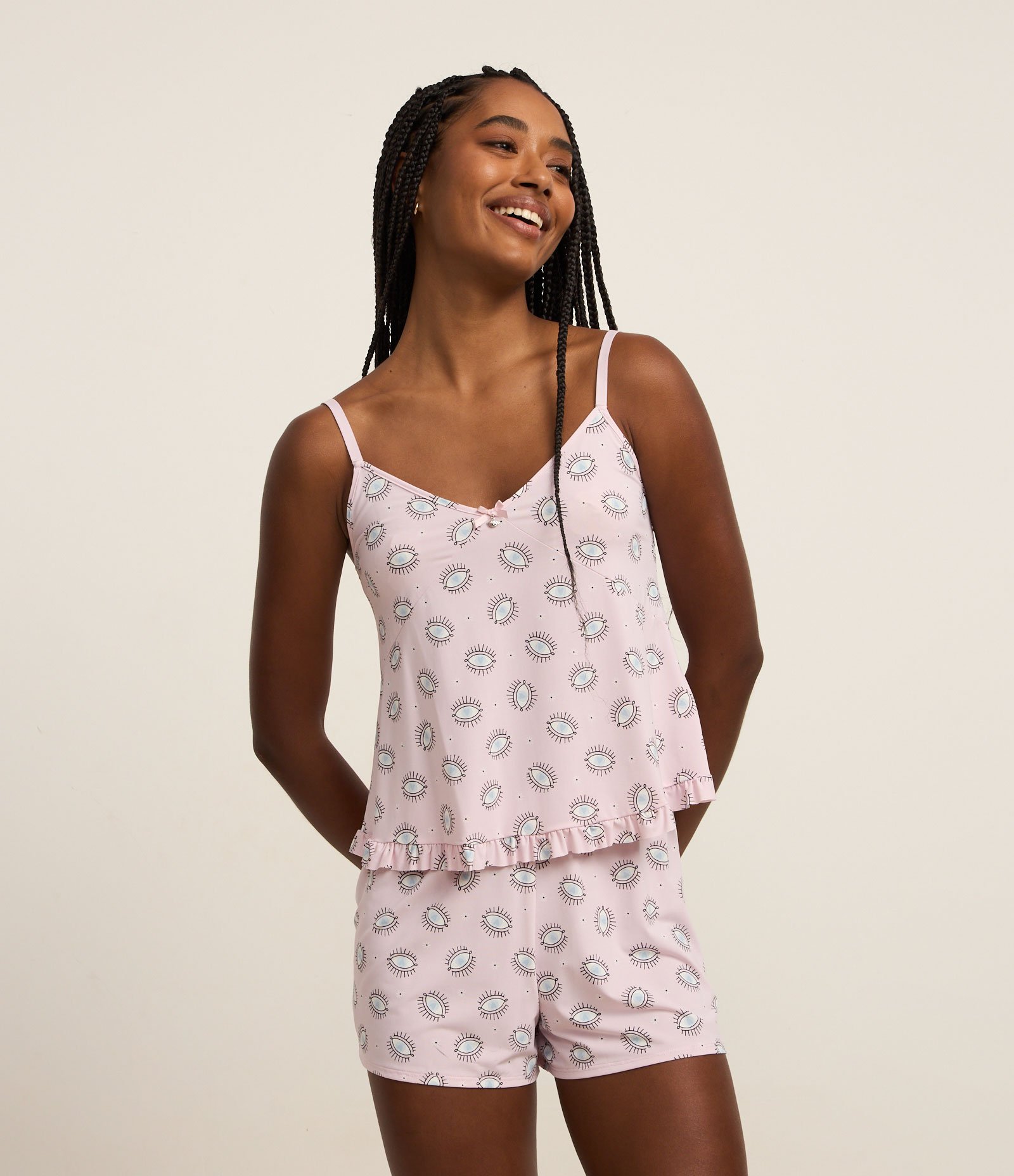 Pijama Short Doll em Microfibra com Estampa de Olho Grego Rosa 2