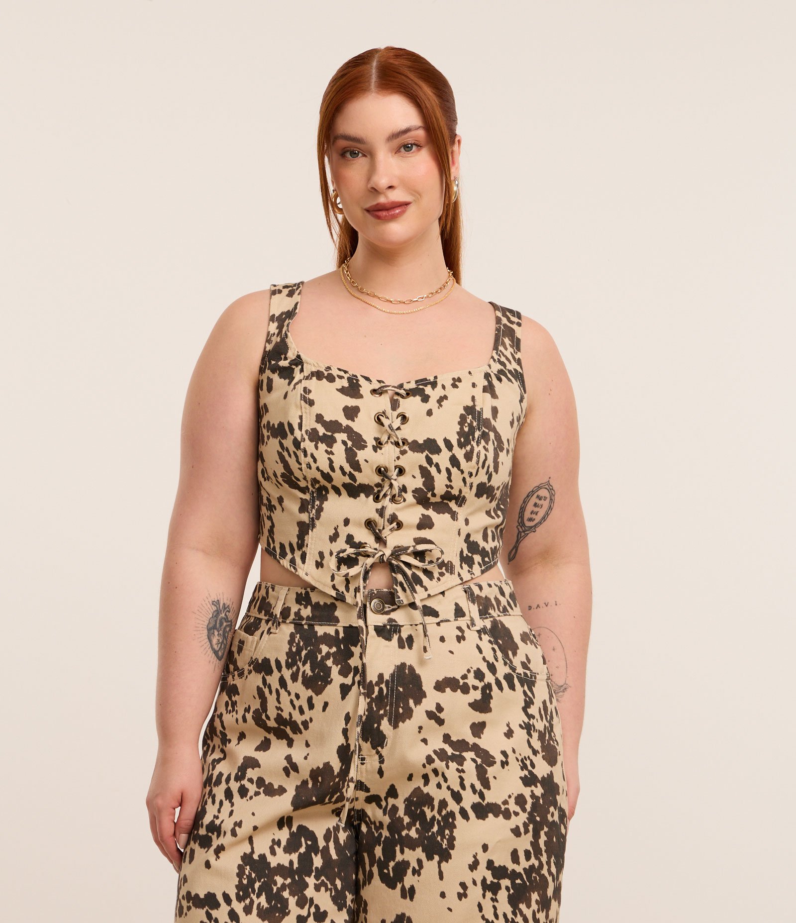 Top em Sarja com Estampa Animal Print Curve & Plus Size Bege 2