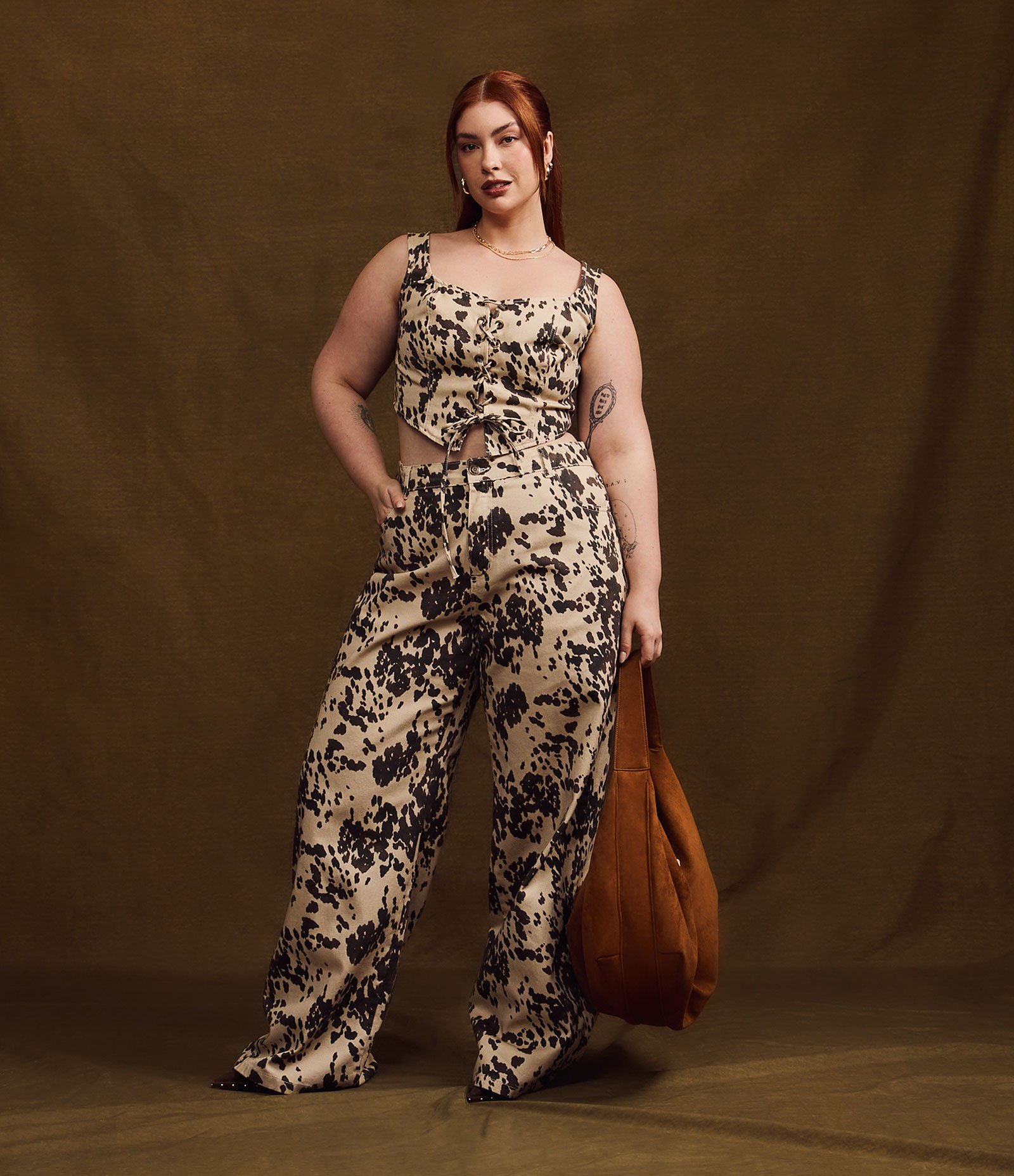 Top em Sarja com Estampa Animal Print Curve & Plus Size Bege 3