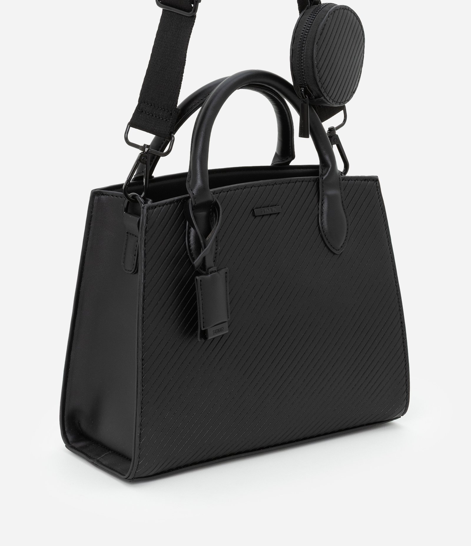 Bolsa Satchel em PU com Alça Longa Removível e Porta Moedas Preto 2