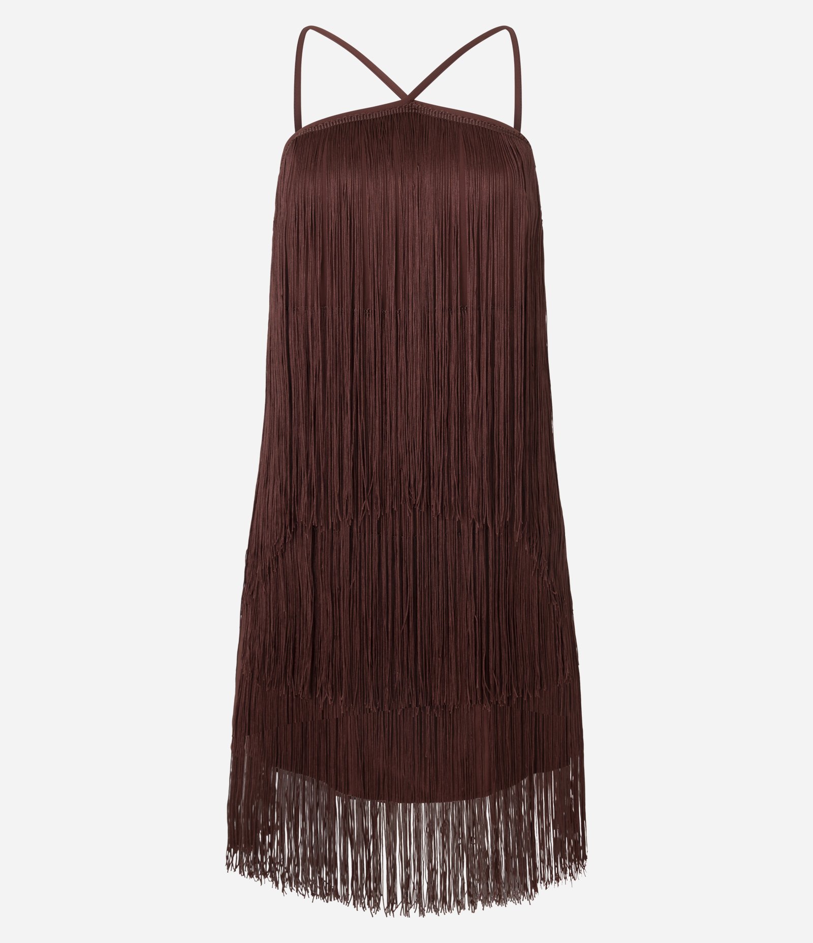 Vestido Curto de Franjas com Decote Halter Marrom 7