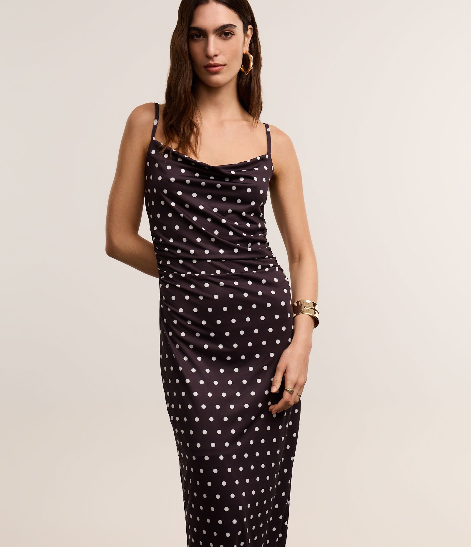 Vestido Evasê Midi em Microfibra com Estampa Poá Bicolor 2