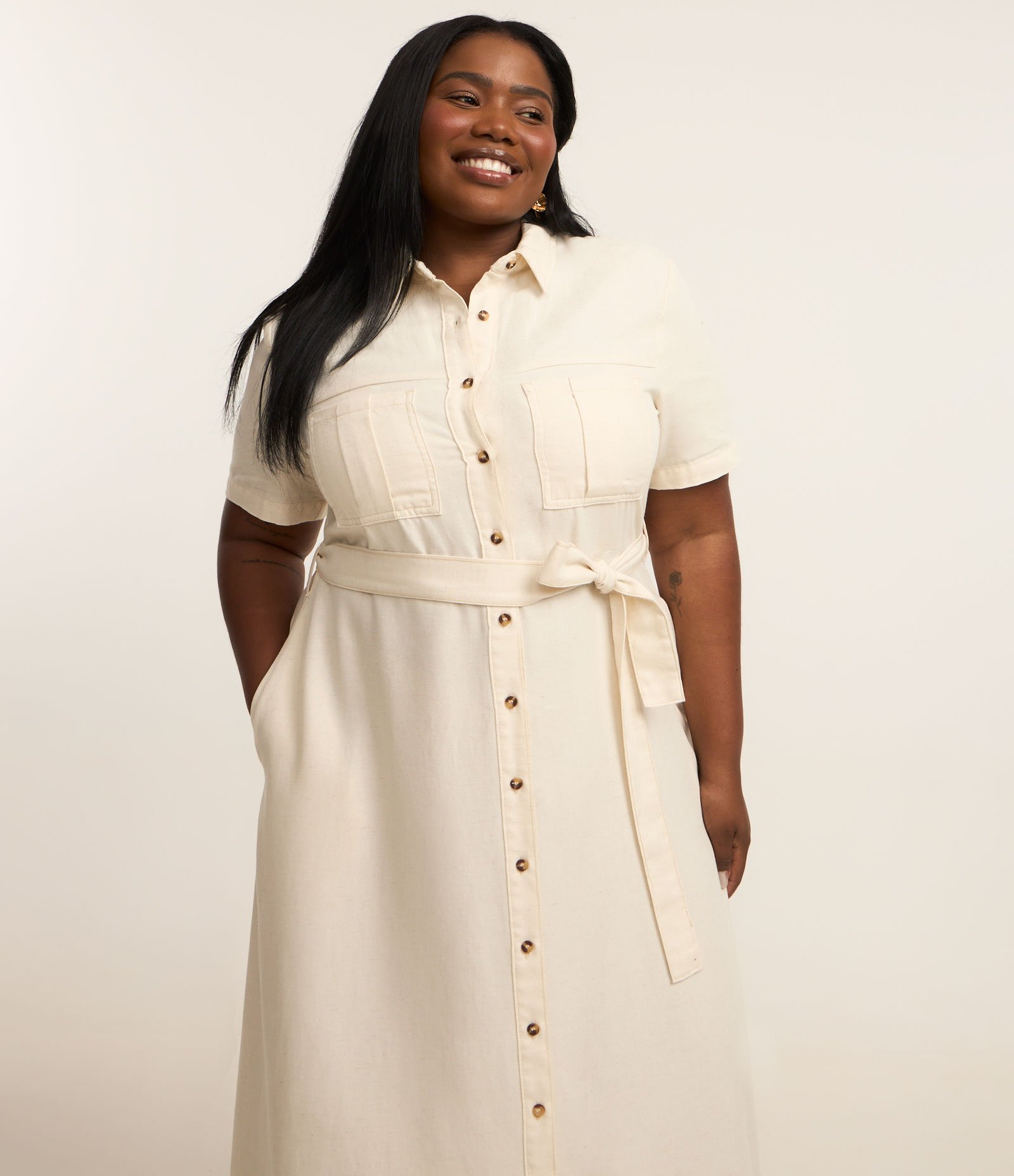 Vestido Midi em Sarja com Amarração Curve & Plus Size Bege 2