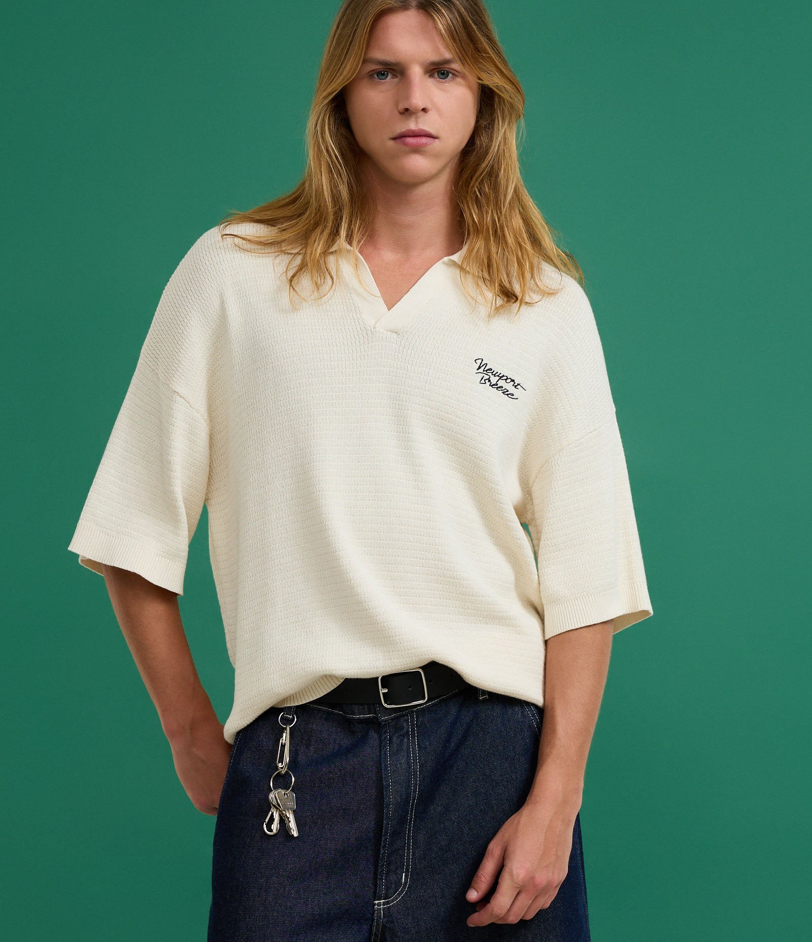 Camisa Polo Oversized em Tricô com Estampa Lettering Newport Breeze Bege 1