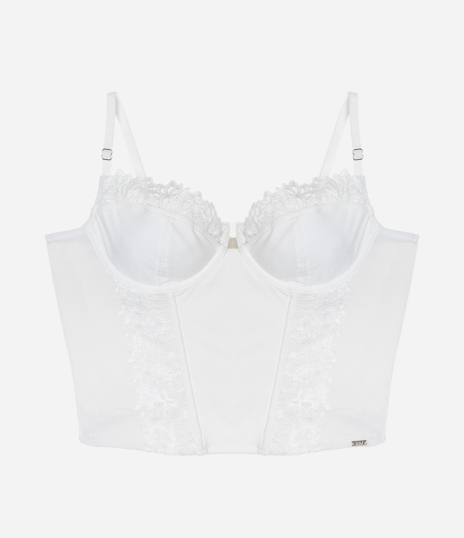 Corset Meia Taça sem Bojo com Recortes em Tule e Renda Branco 5