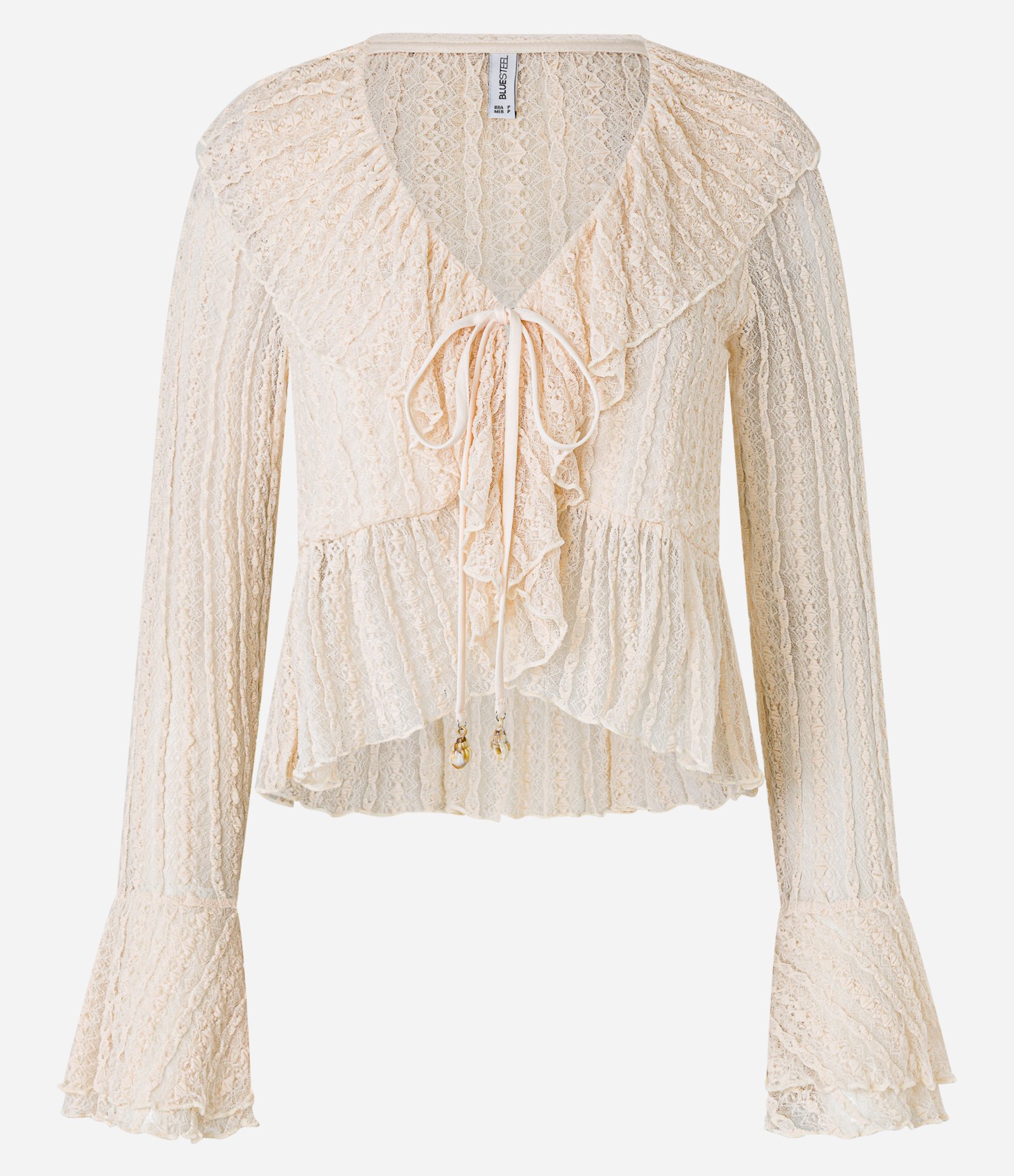 Blusa em Renda com Textura Amarração e Babados Bege 6