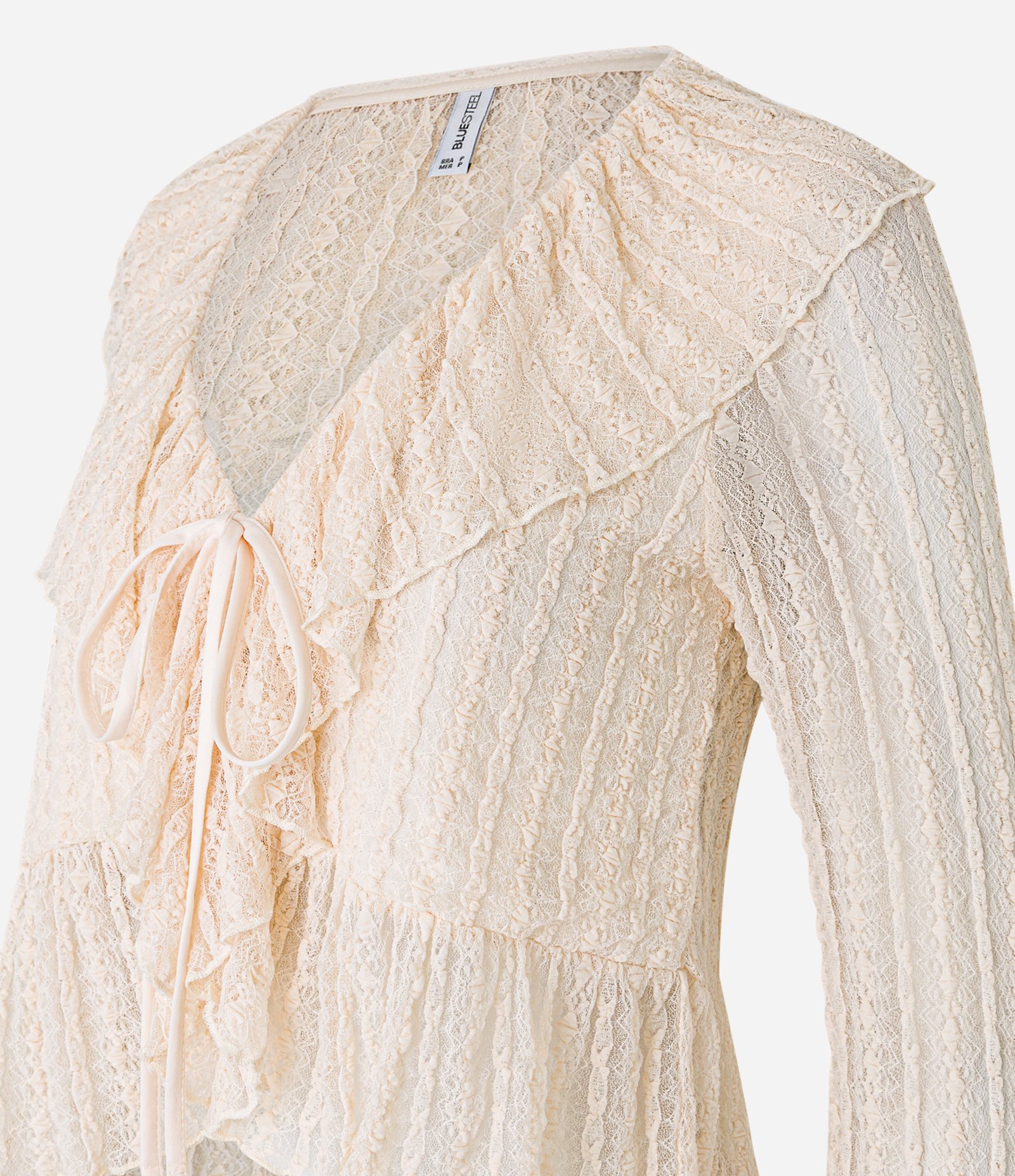 Blusa em Renda com Textura Amarração e Babados Bege 7
