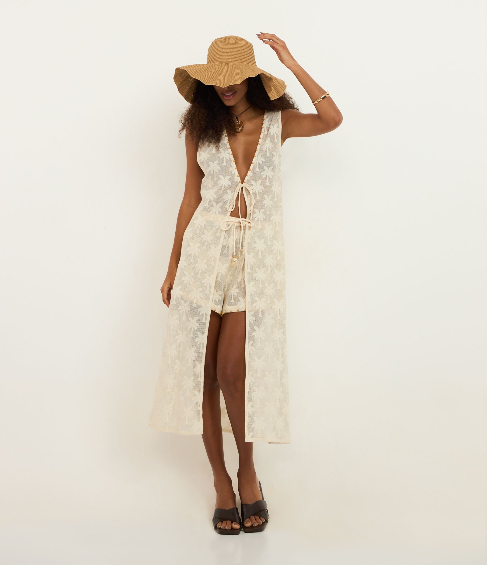 Saída de Praia Kimono com Bordado Coqueiros Bege 2