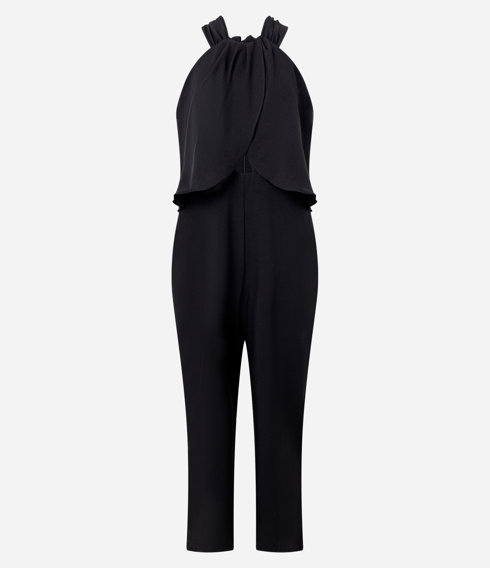 Macacão em Crepe com Decote Halter e Sobreposição no Busto Preto 1