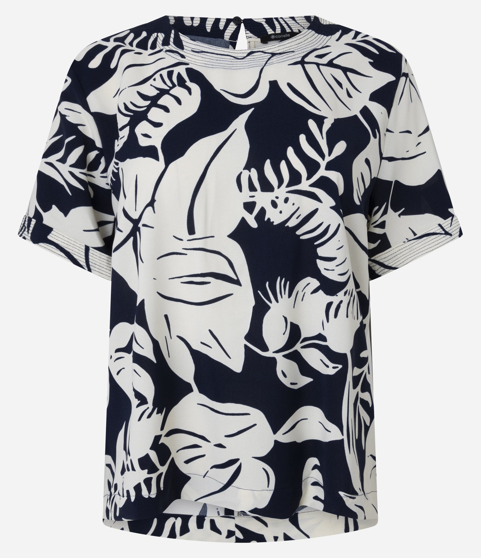 Blusa em Airflow com Gola Redonda e Estampa Folhagem Azul Marinho/Off White 1