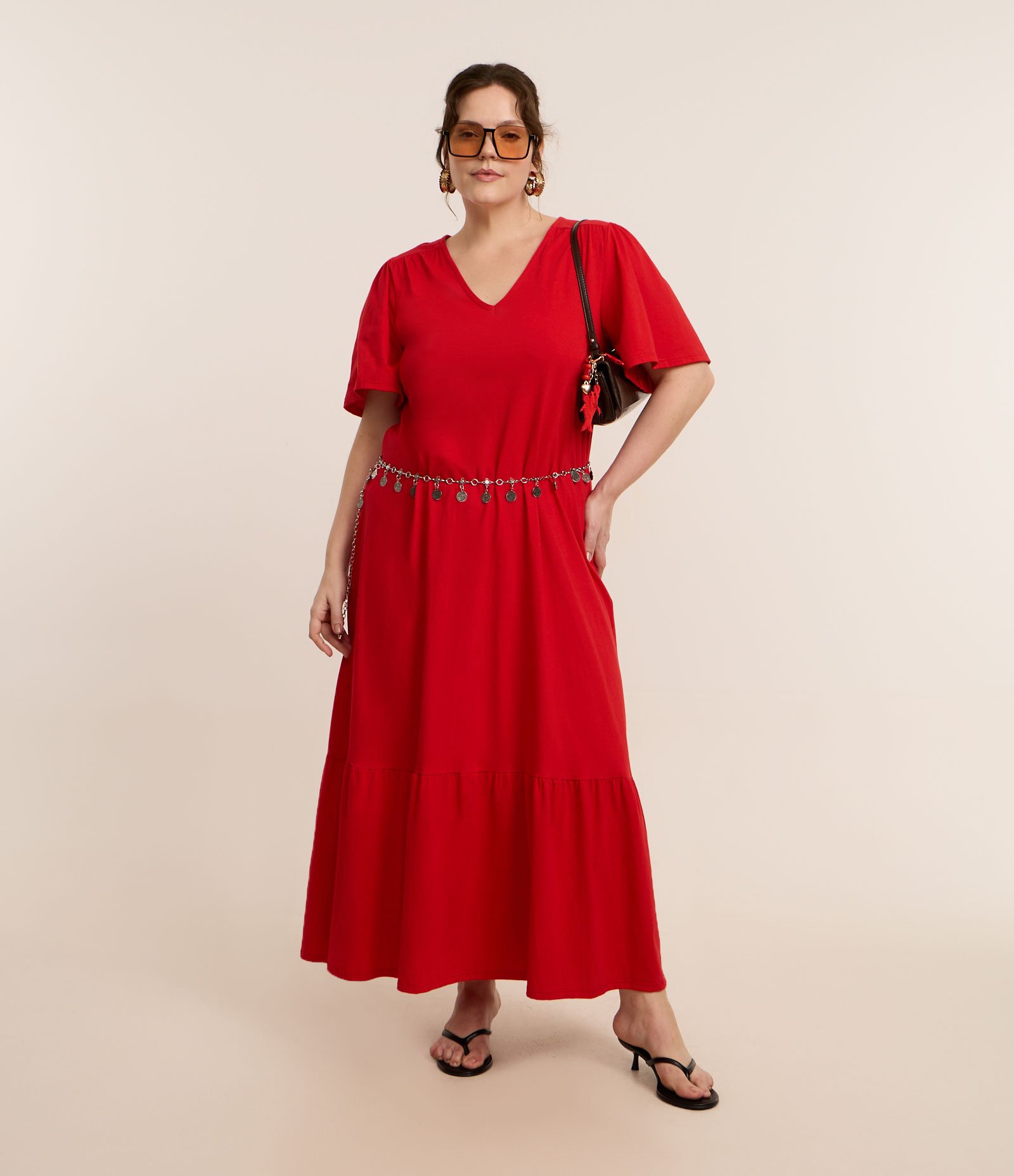 Vestido Midi Algodão com Recorte Franzido Curve & Plus Size Vermelho 1