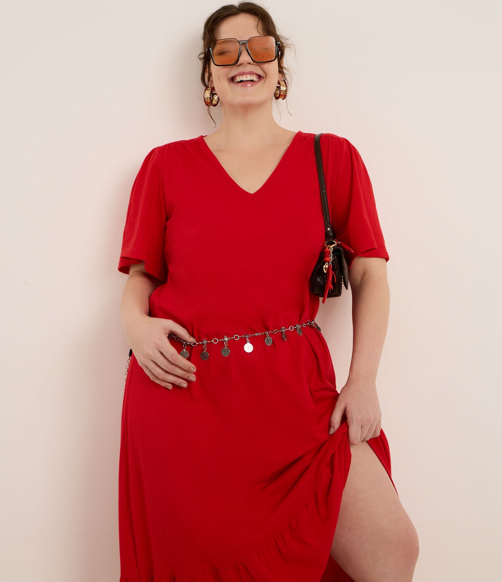 Vestido Midi Algodão com Recorte Franzido Curve & Plus Size Vermelho 2