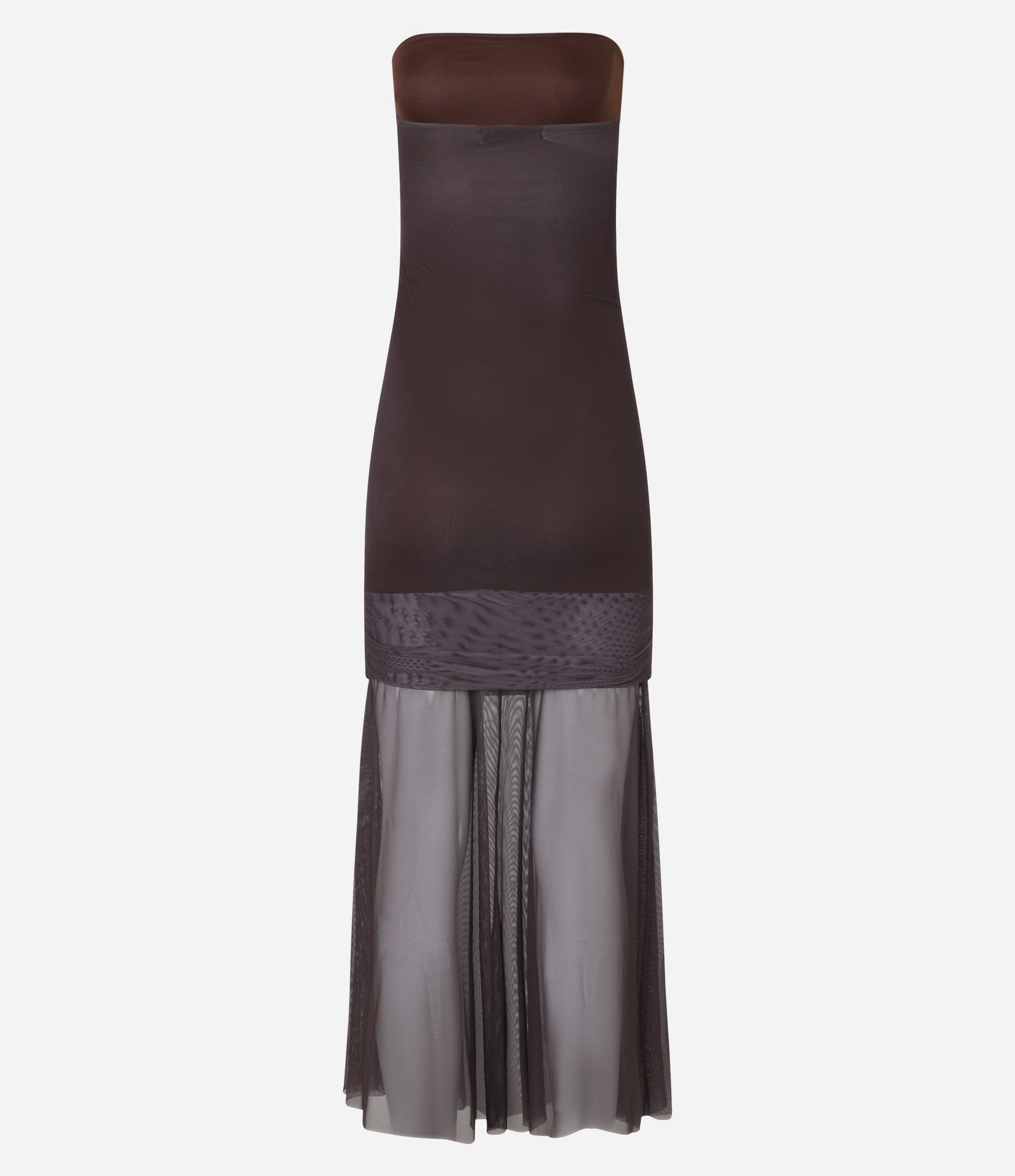 Vestido Longo em Tule com Franzido e Forro Curto Marrom 7