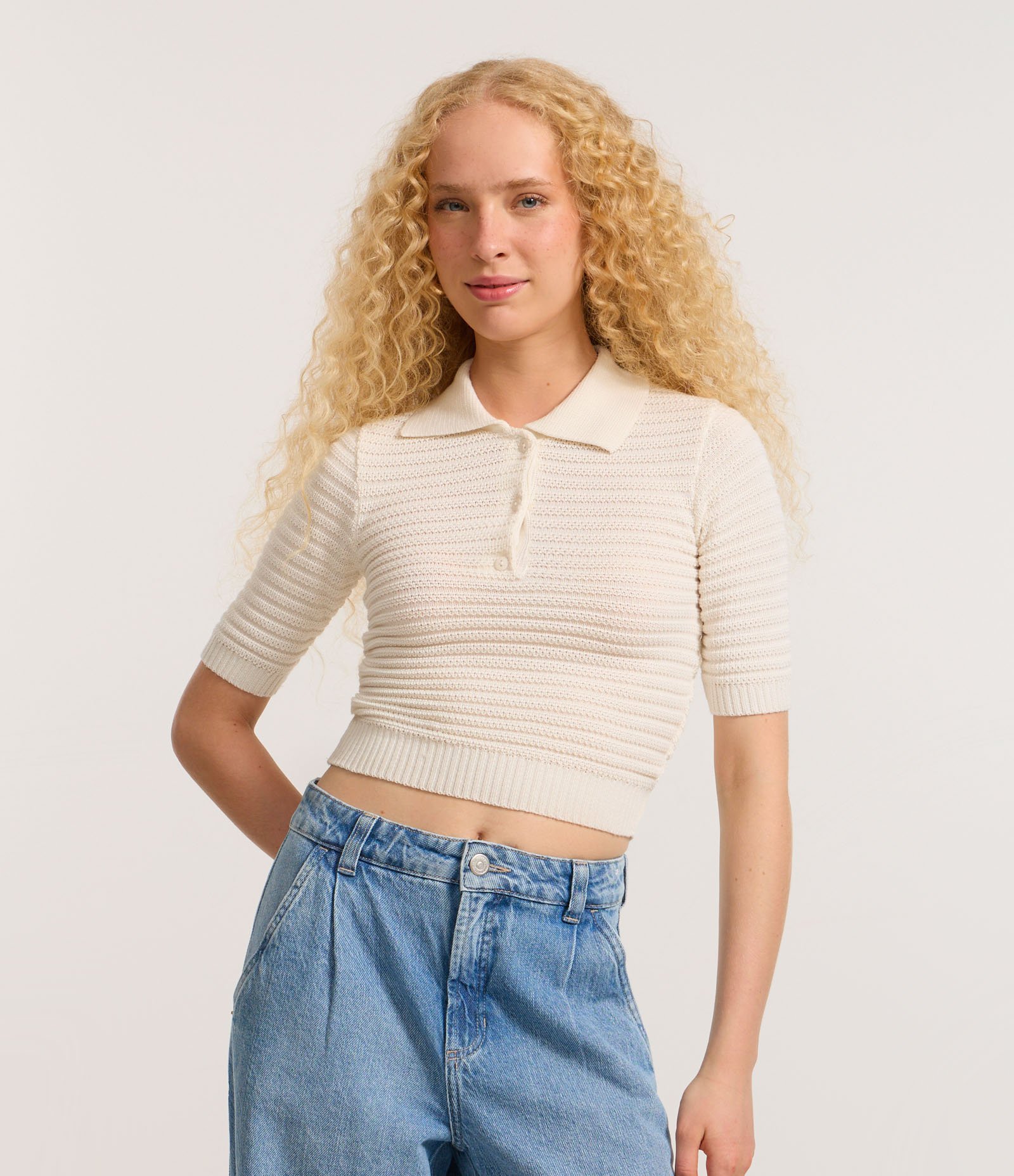 Blusa Polo em Tricô com Botão na Gola Branco 1