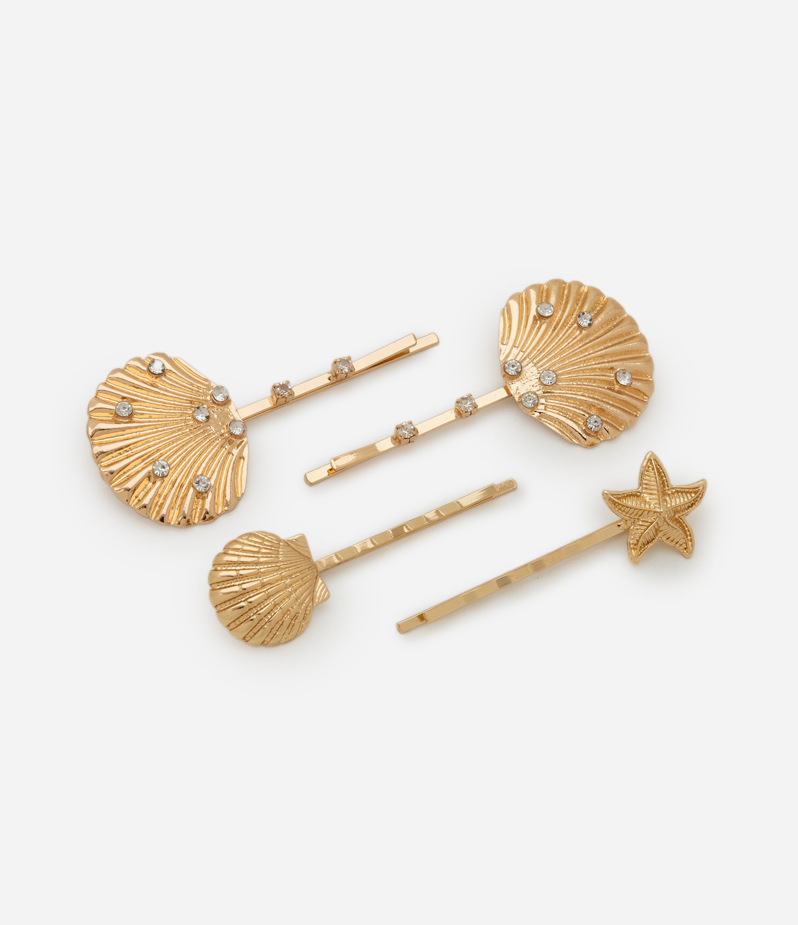 Kit 04 Presilhas de Cabelo em Metal Formatos de Conchas e Estrela do Mar Dourado 1