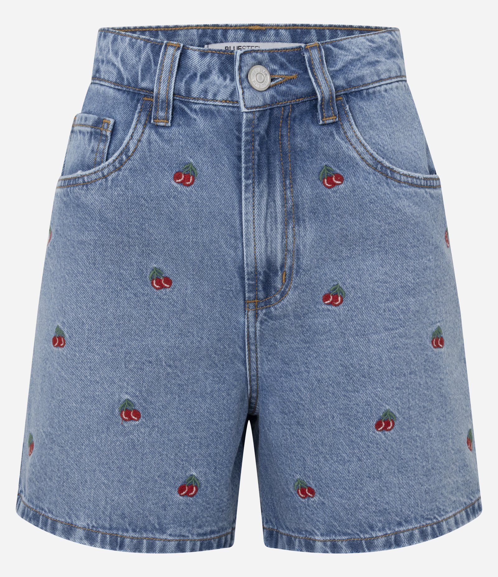 Short Mom em Jeans com Bordados de Cerejas Azul 1
