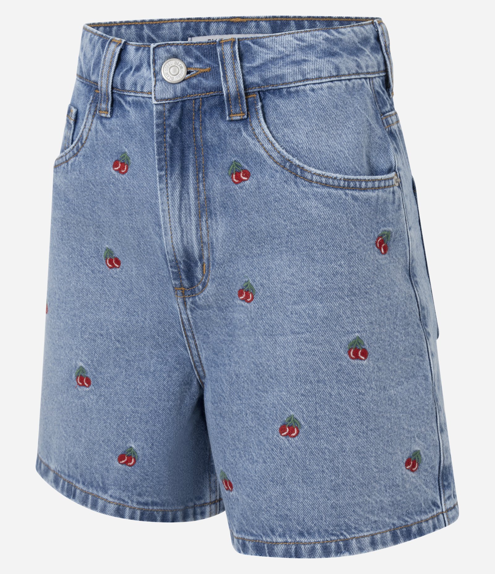 Short Mom em Jeans com Bordados de Cerejas Azul 2