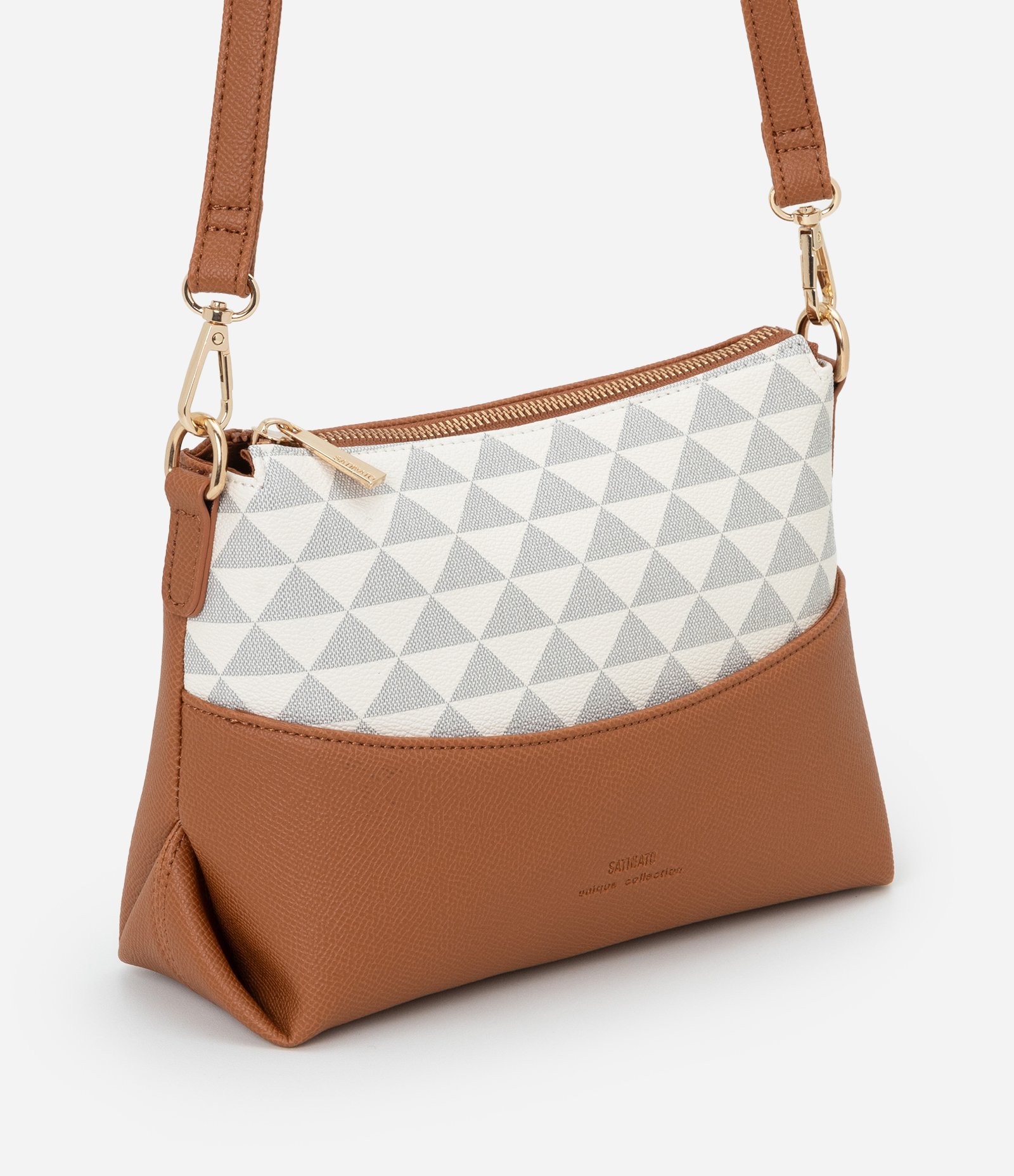 Bolsa Transversal Pequena com Estampa Triangular e Detalhes Contrastantes Off White-AC 1
