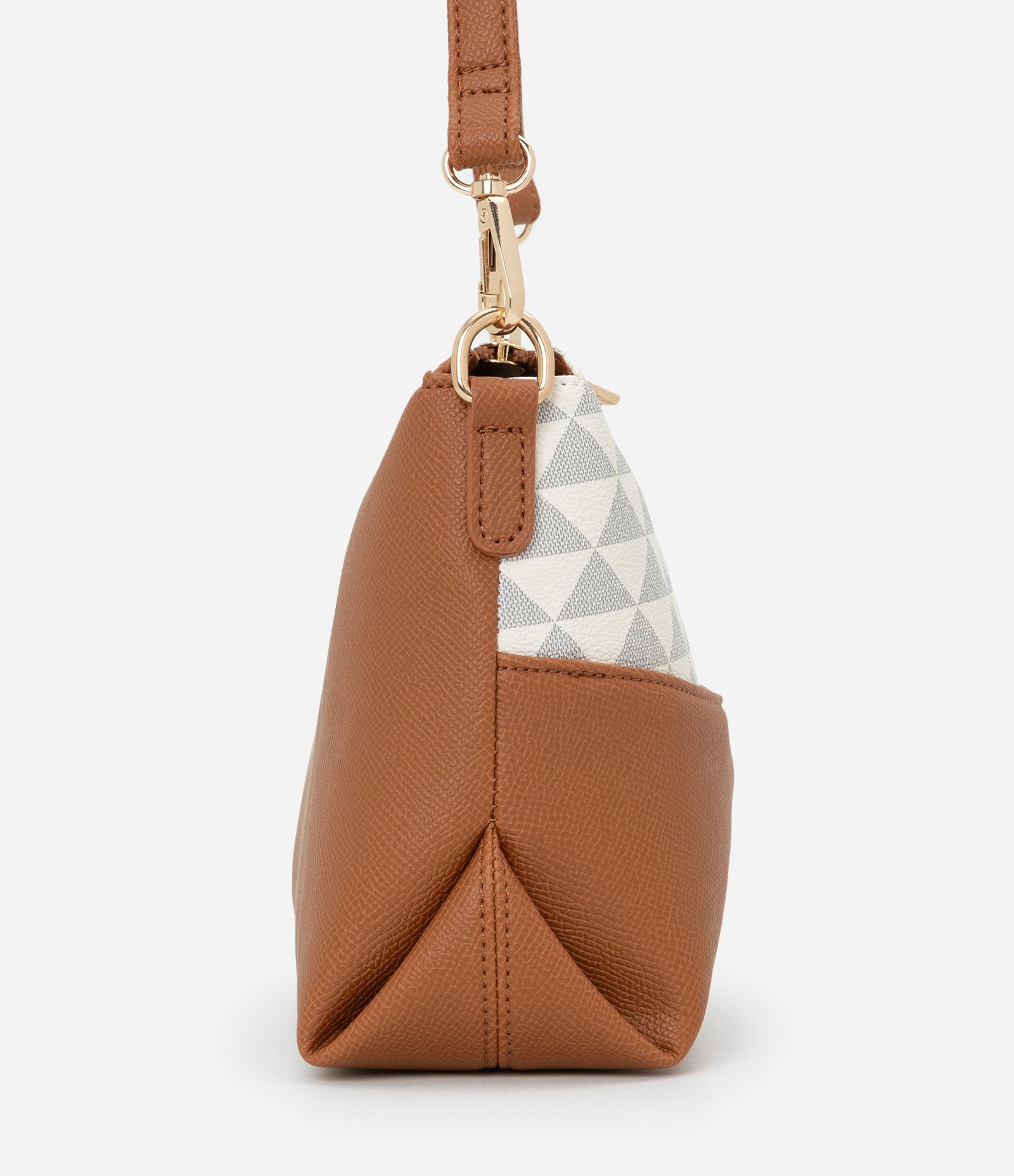 Bolsa Transversal Pequena com Estampa Triangular e Detalhes Contrastantes Off White-AC 2