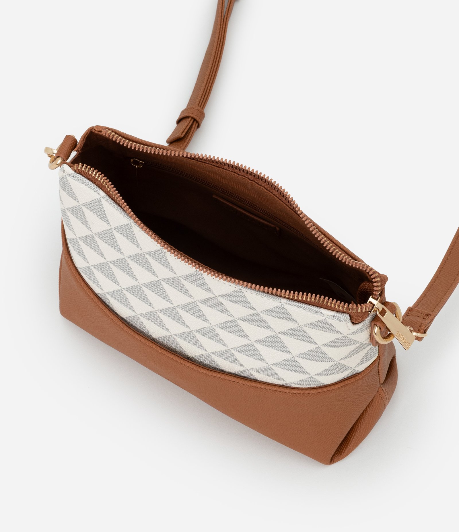 Bolsa Transversal Pequena com Estampa Triangular e Detalhes Contrastantes Off White-AC 6