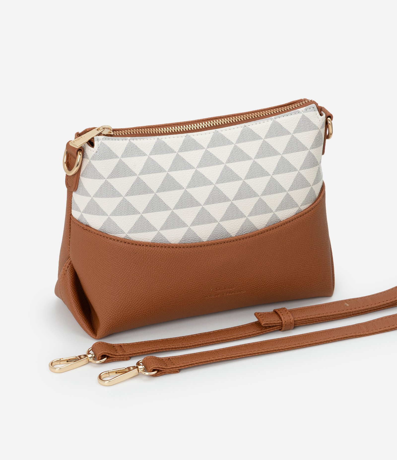 Bolsa Transversal Pequena com Estampa Triangular e Detalhes Contrastantes Off White-AC 7