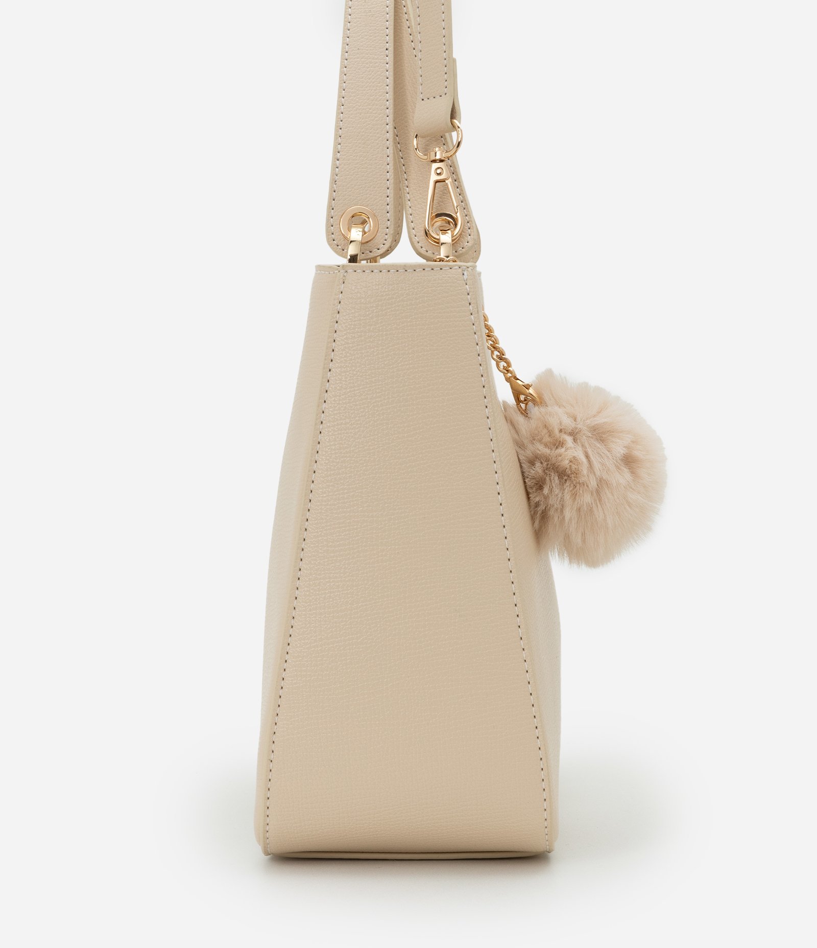 Bolsa Satchel Média com Alça Removível e Chaveiro Pompom Bege 2