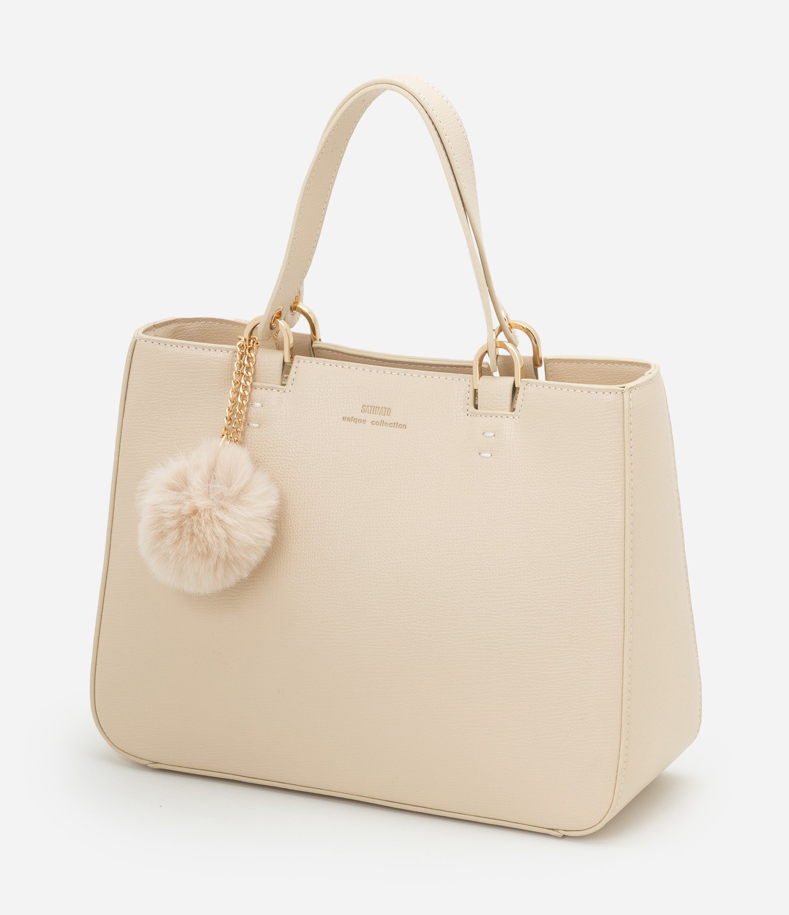 Bolsa Satchel Média com Alça Removível e Chaveiro Pompom Bege 4