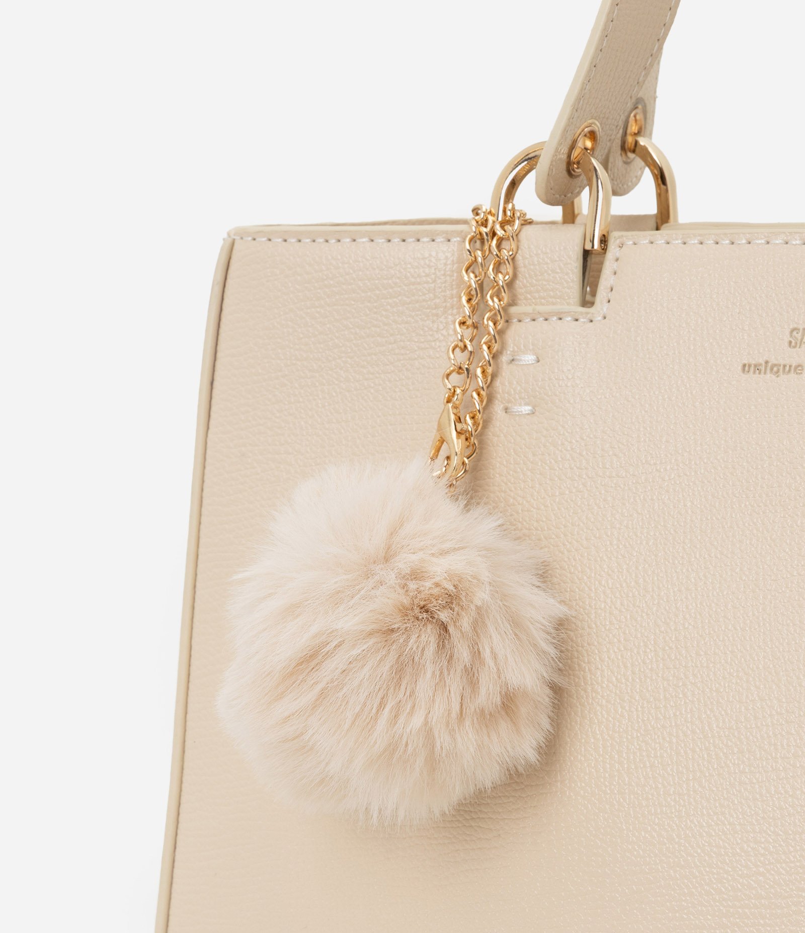 Bolsa Satchel Média com Alça Removível e Chaveiro Pompom Bege 5