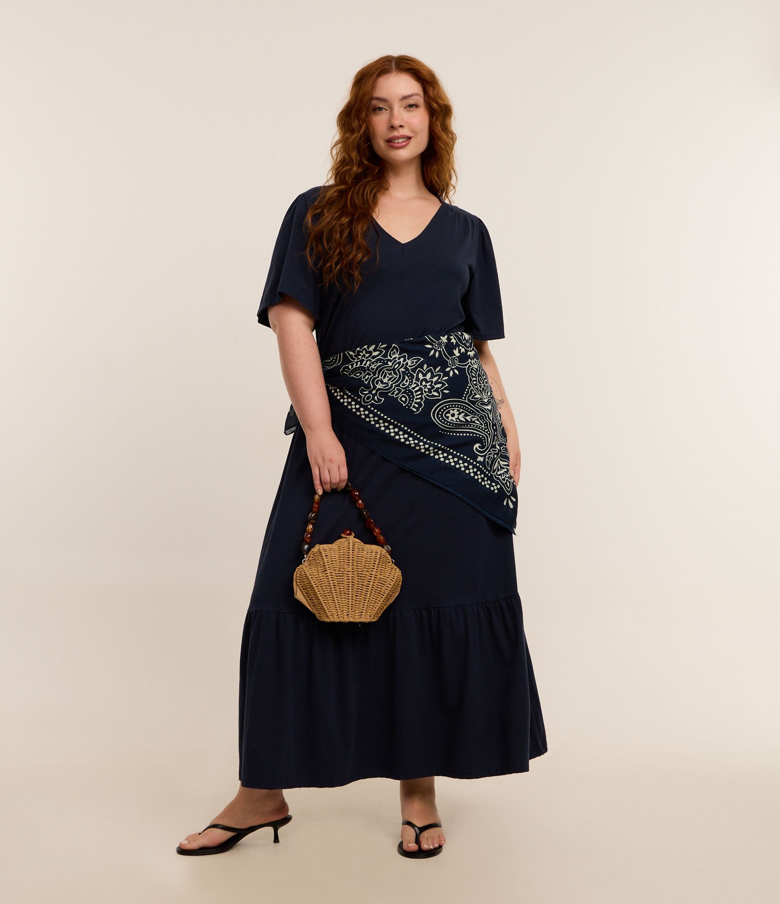 Vestido Midi Algodão com Recorte Franzido Curve & Plus Size Azul Marinho 1