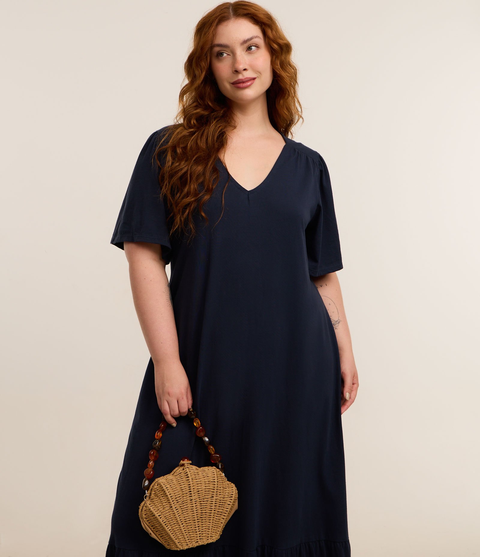 Vestido Midi Algodão com Recorte Franzido Curve & Plus Size Azul Marinho 2
