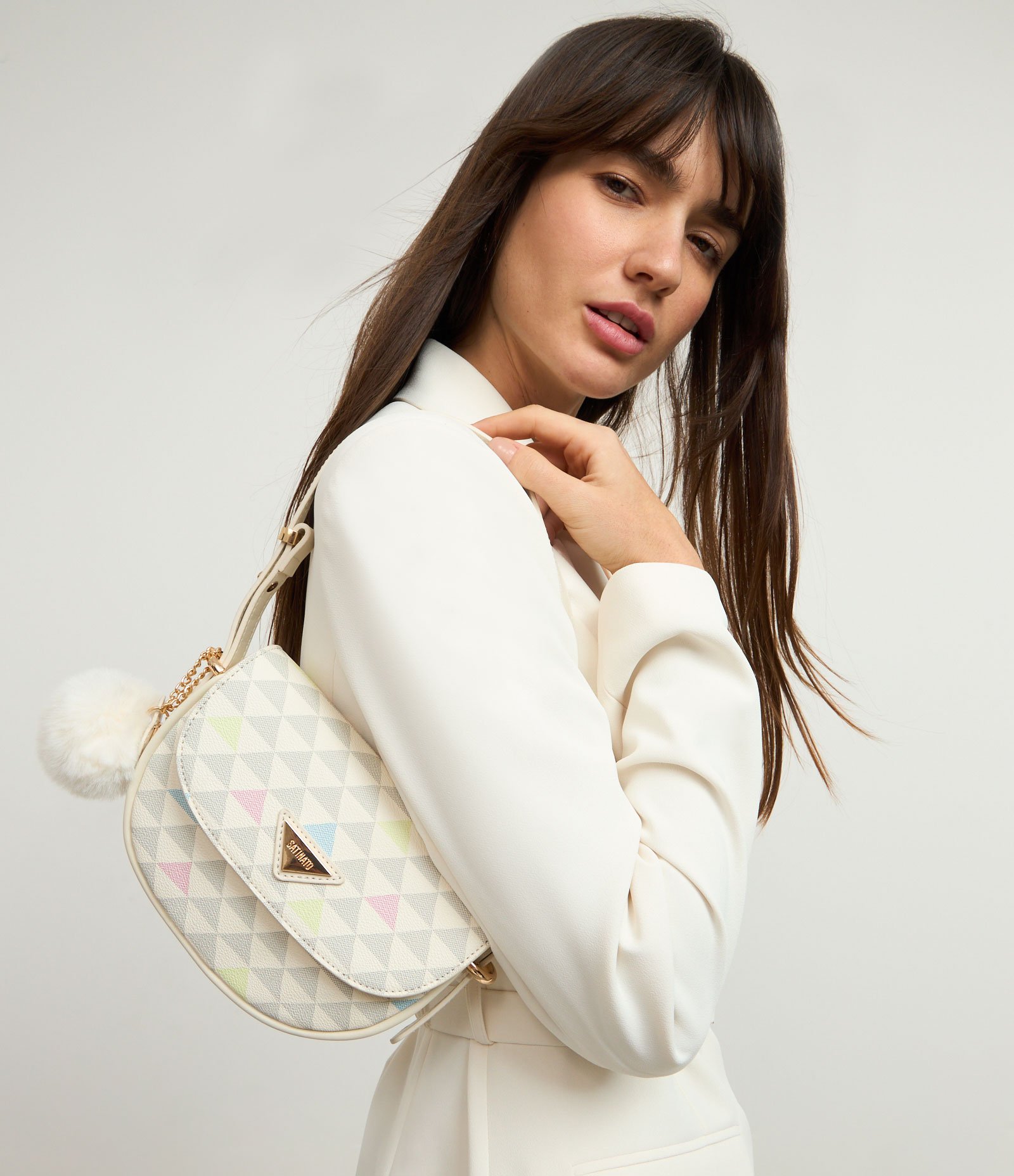 Bolsa Shoulder em PU com Estampa Triângulo Off White 1